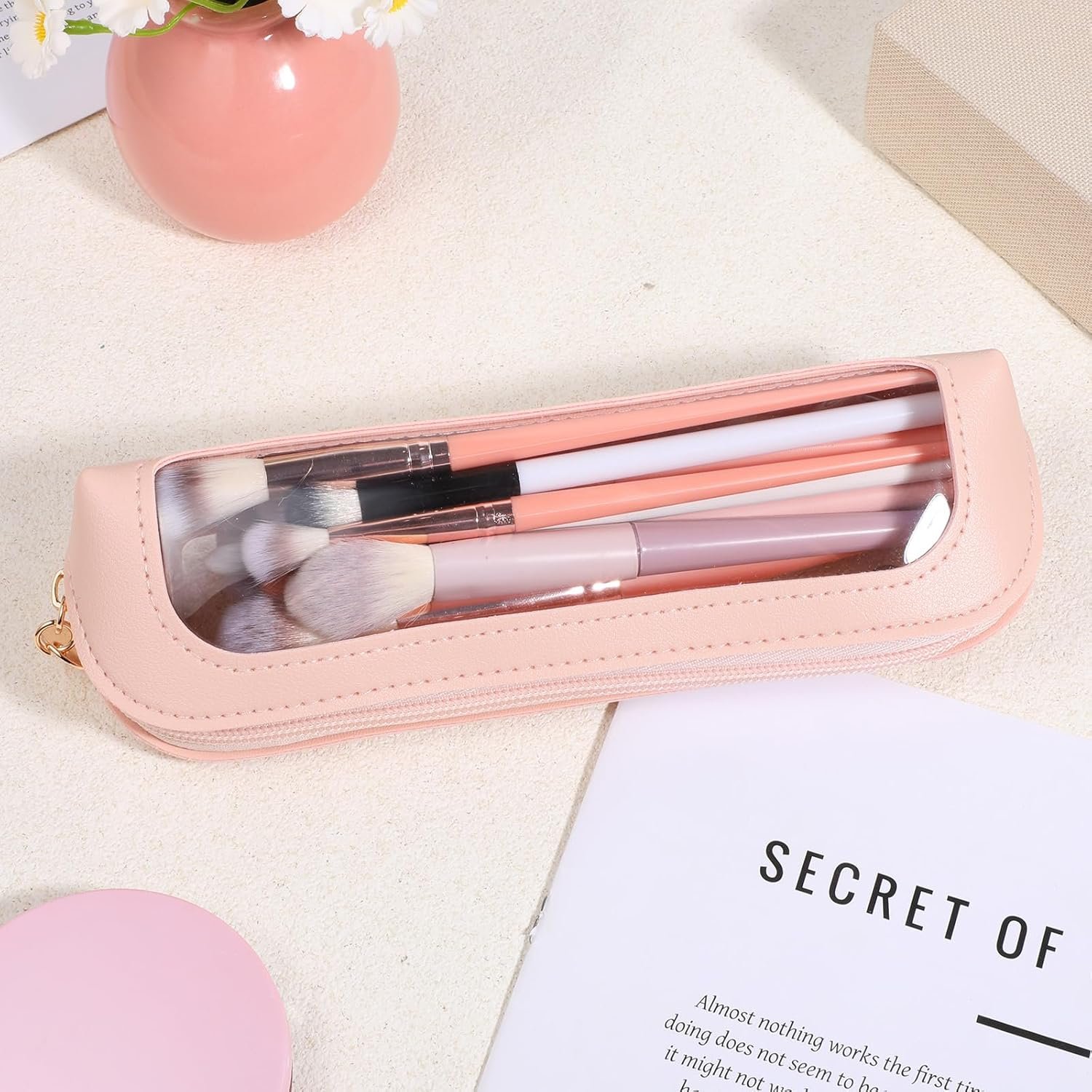 Manufacturer Small Clear PU Leather Makeup Brush Bag, Custom Logo Portable Zipper Pouch, Private Label Multi-use Cosmetic Organizer for Women (Pink)
