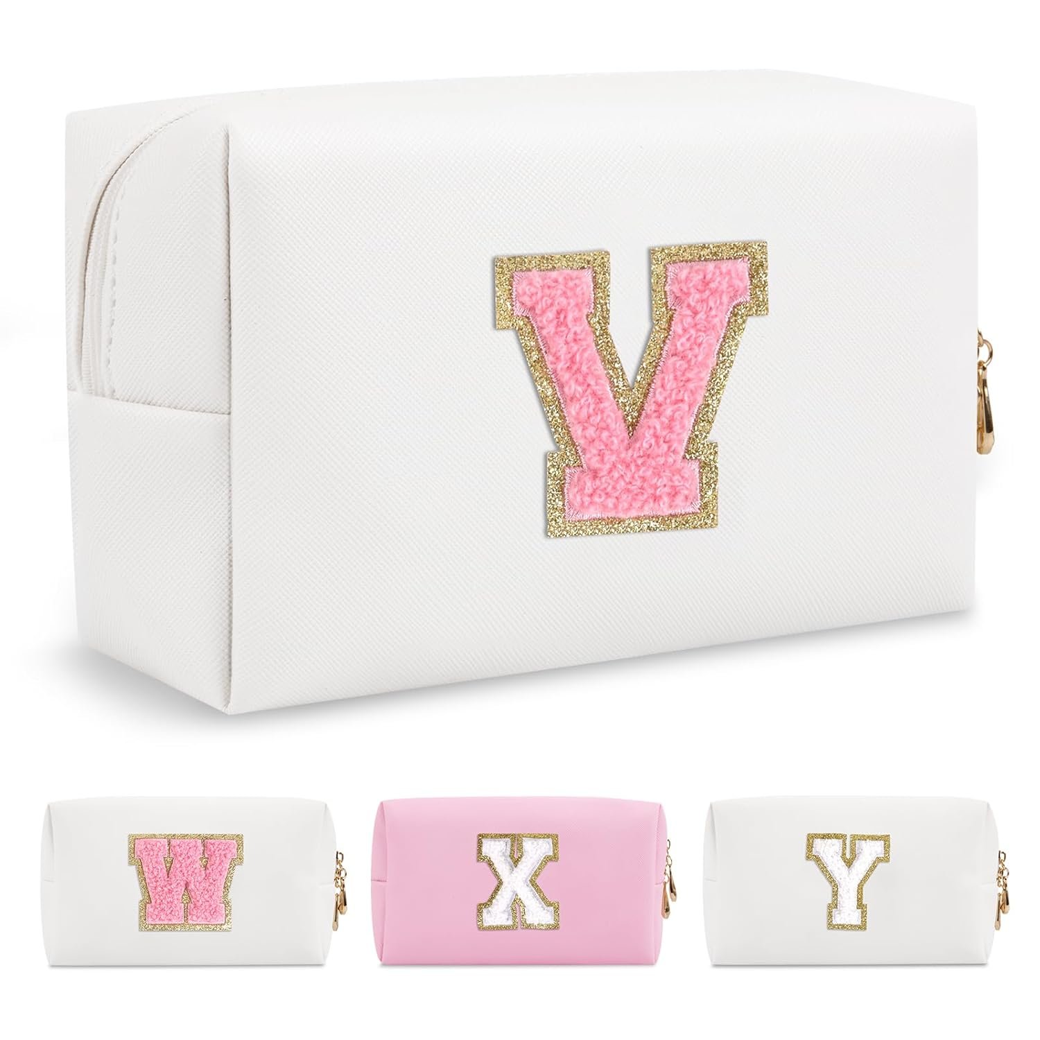 Private Label Personalized Initial A-Z Letter V Preppy Patch Makeup Bag with Custom Logo Small PU Leather Zipper Travel Cosmetic Pouch White Toiletry Manufacturer