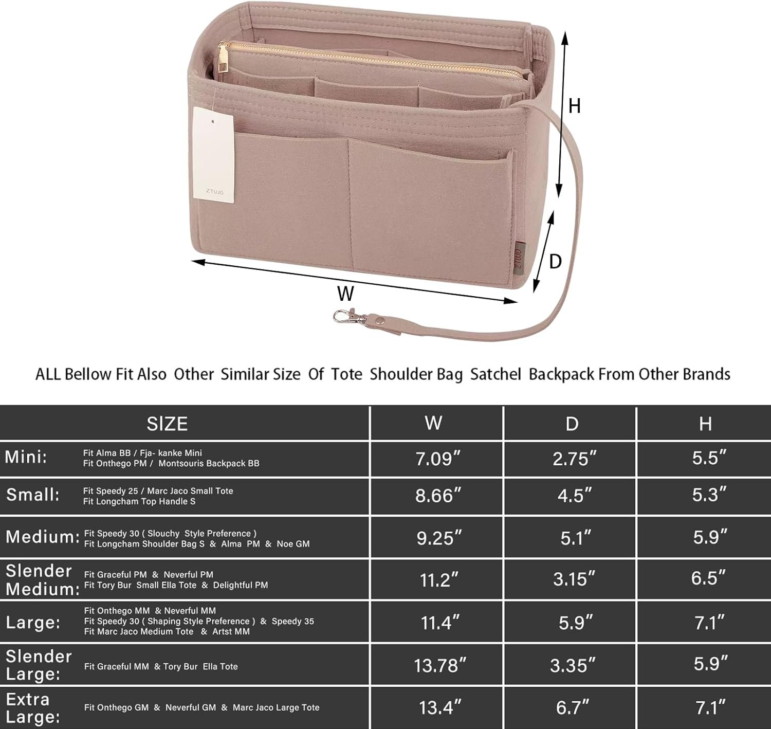 Custom Logo Purse Organizer Insert, Private Label Felt Bag Organizer with Metal Zipper, Handbag & Tote Shaper from Factory, 7 Sizes