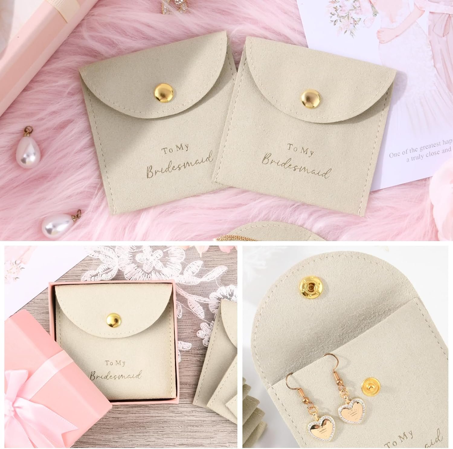 Custom Logo Set of 8 Small Velvet Jewelry Bags with Button Private Label Bridesmaid Proposal Gifts for Bracelet Earring Necklace Packaging Bridal Party Favors Factory Beige