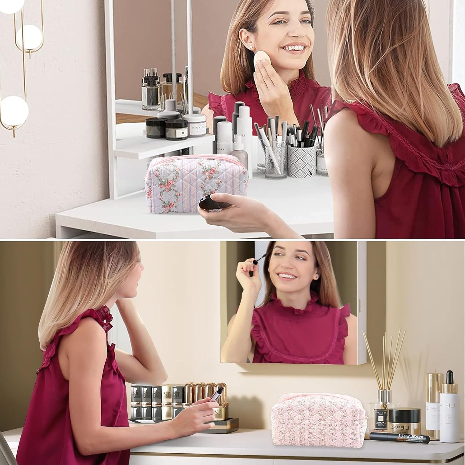 Private Label Floral Quilted Makeup Toiletry Bag with Zipper, Custom Logo Cosmetic Pouch for Daily Travel Skincare, Manufacturer Multipurpose Organizer (Blossom Blush Pink)