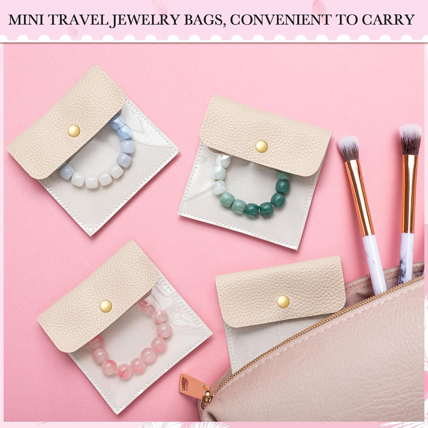 Private Label 18 Pcs 4 x 4 Inch Small Velvet PU Leather Jewelry Travel Pouches with Custom Logo Organizer Bags Manufacturer Beige