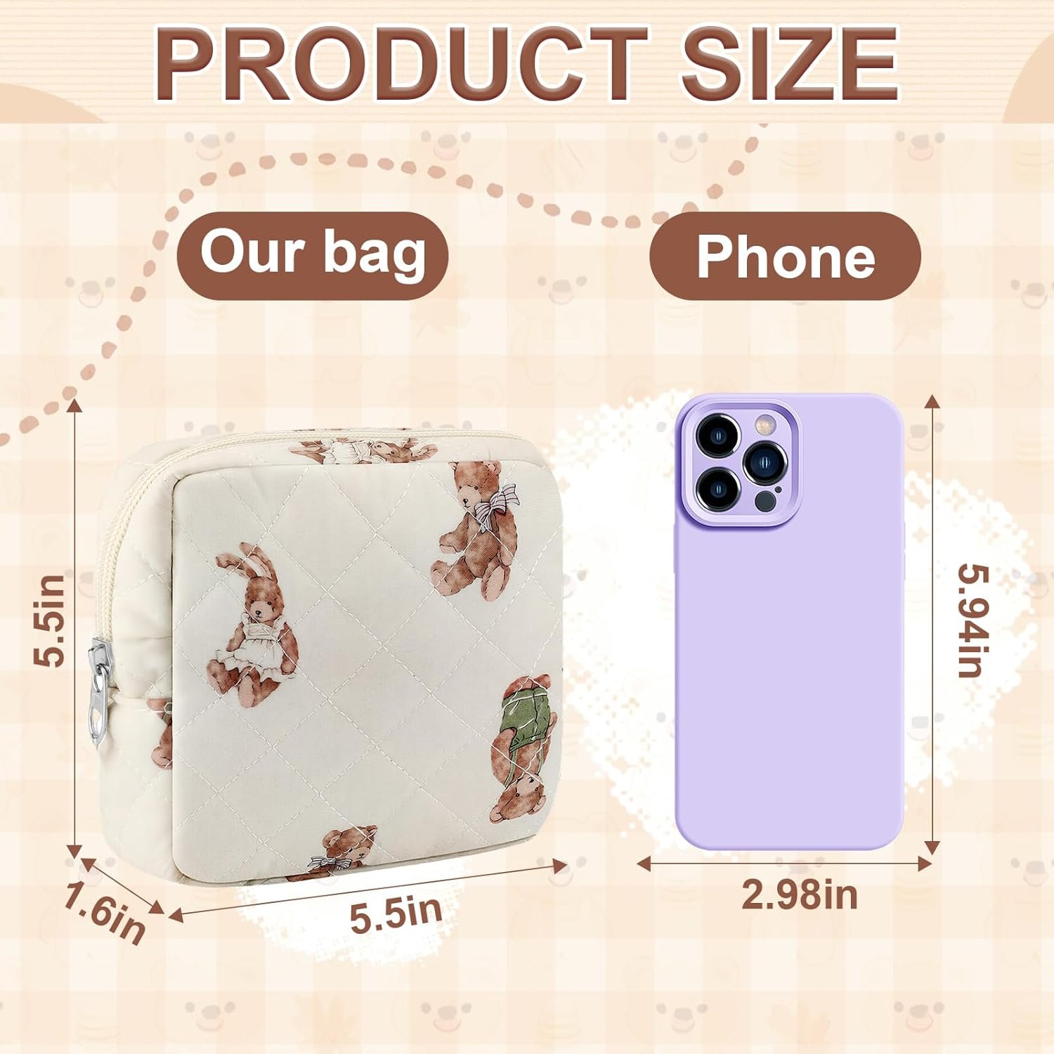 Custom Logo Small Quilted Cotton Makeup Bag Mini Cosmetic Period Pouch for Women Purse Cute Bear Sanitary Design Portable Travel Toiletry Bag with Zipper Private Label Manufacturer