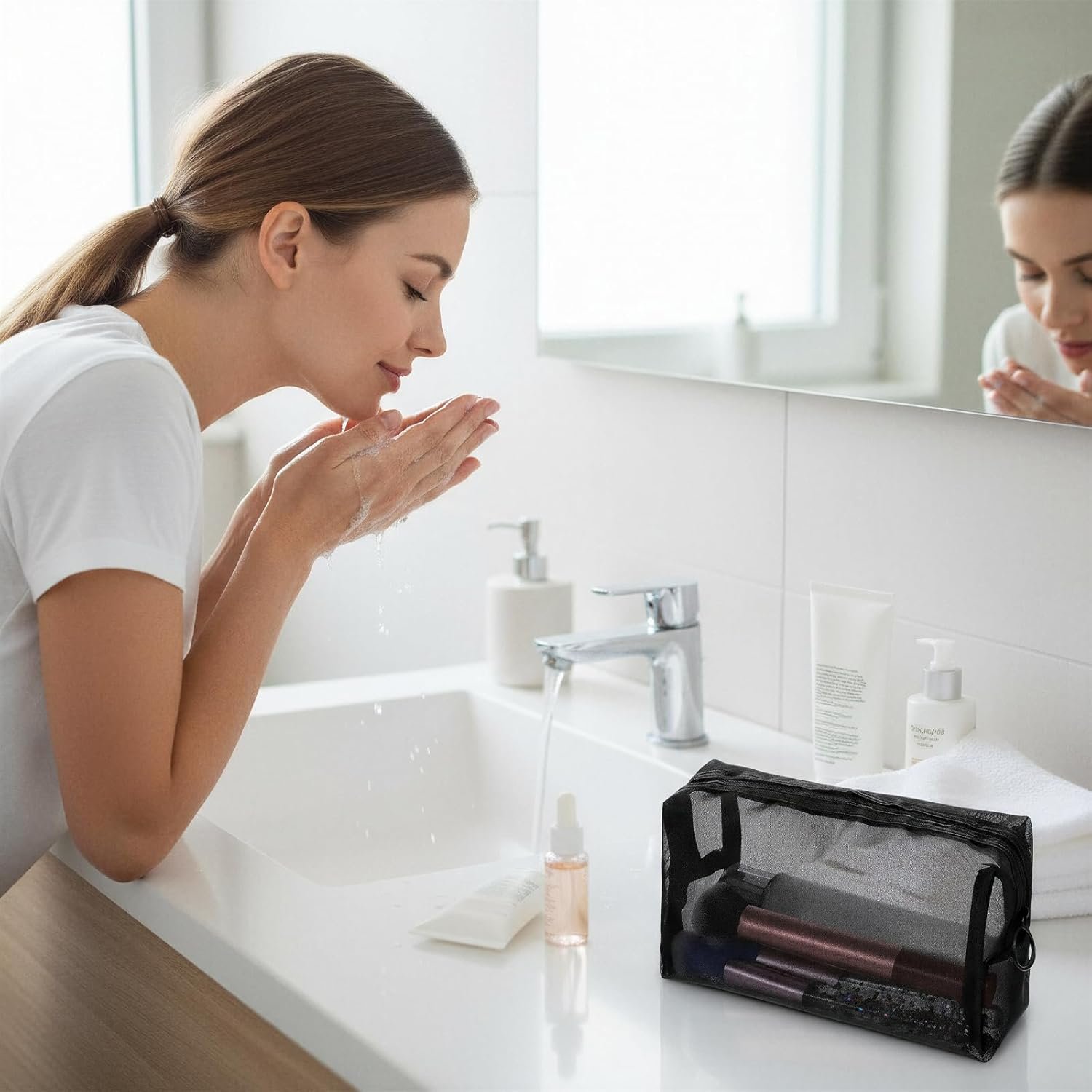 Private Label Mesh Makeup Bags Portable Zipper Nylon Cosmetic Pouch Lightweight Home Office Travel Accessories Custom Logo Black Square Manufacturer