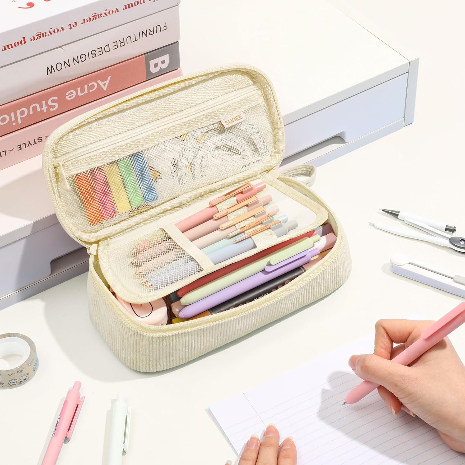 Custom Logo Cute Large Capacity Pencil Case Aesthetic Zipper Pencil Pouch Big Storage Soft Corduroy Pen Organizer Private Label Back to School Supplies for Teen Girls Boys Beige Supplier