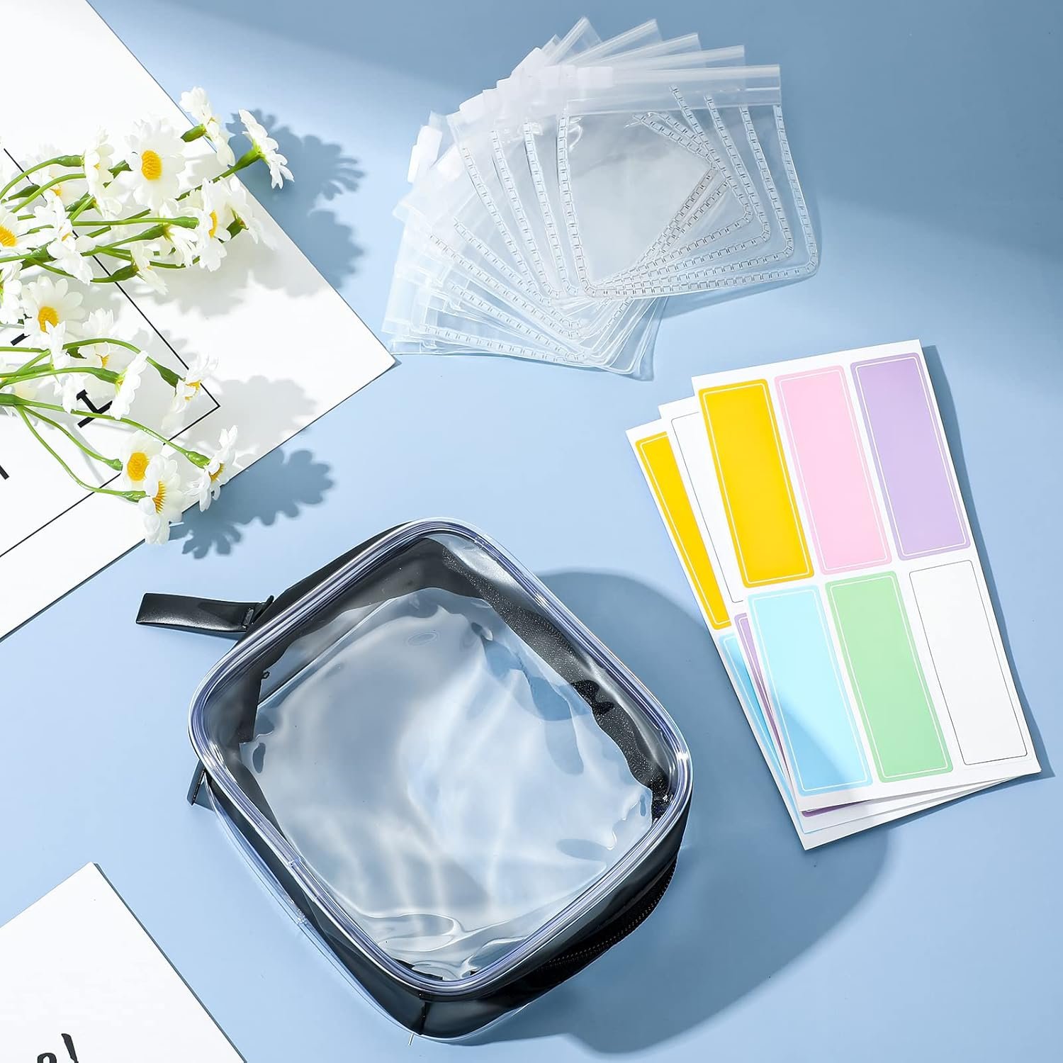 Custom Logo 26 Pcs Reusable Clear Zippered Pill Pouches Transparent PVC Toiletry Carry Pouch 180 Pcs Waterproof Labels Stickers Supplier Private Label Travel Organizer Storage with Slide Lock for Small Items