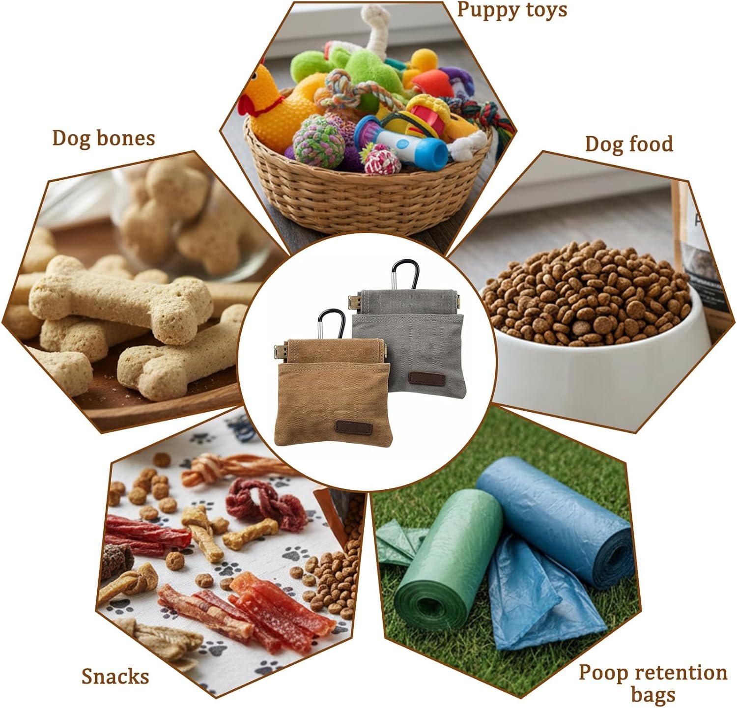 Custom Logo 2Pcs Hands-Free Dog Treat Pouch with Carabiner, Portable Auto-Closing Puppy Snack Bag for Walking Training Private Label Manufacturer Brown & Grey