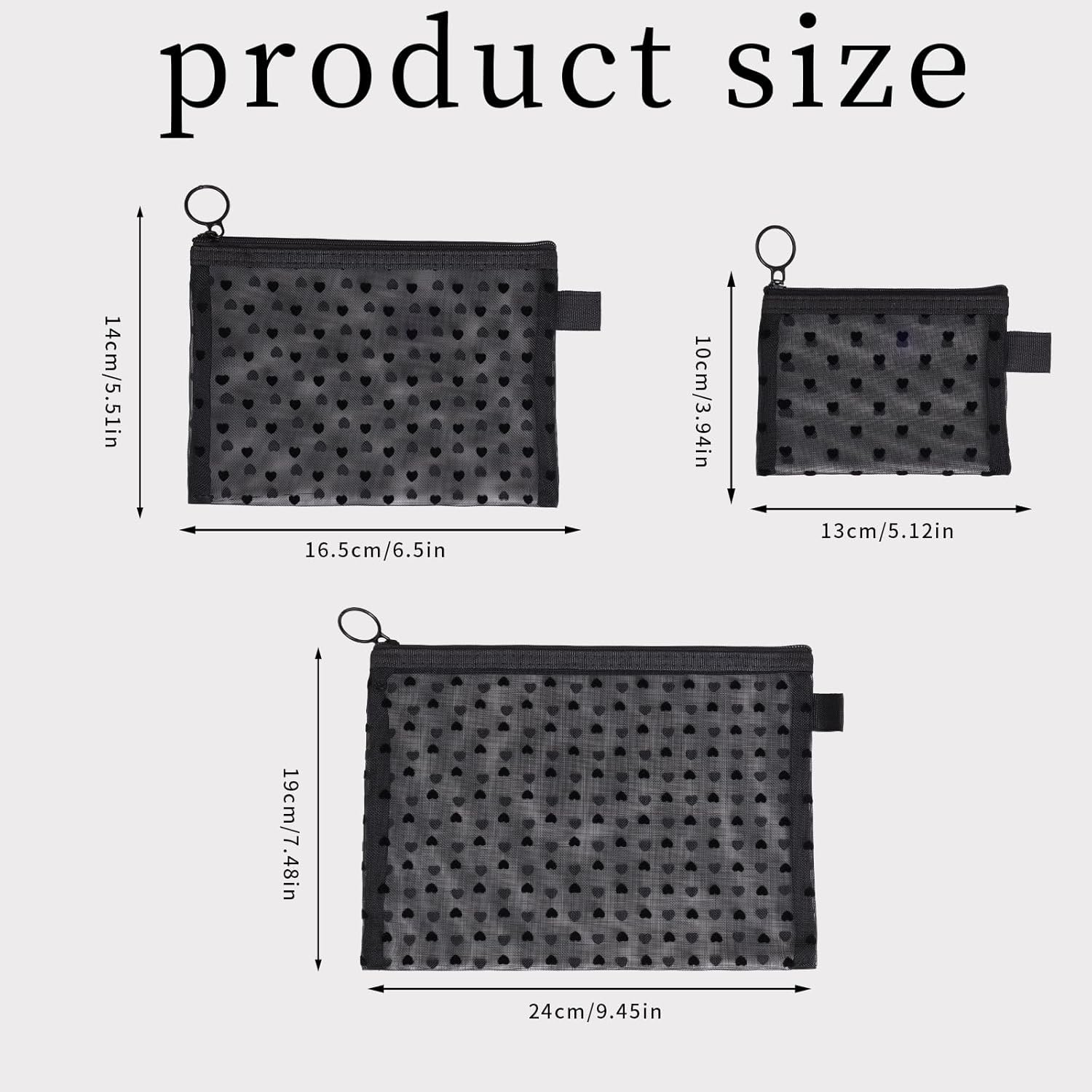 Custom Logo 6-Piece Heart Printed Mesh Makeup Bag Set - Private Label Small Pouches for Purse - Black Makeup Bag Manufacturer