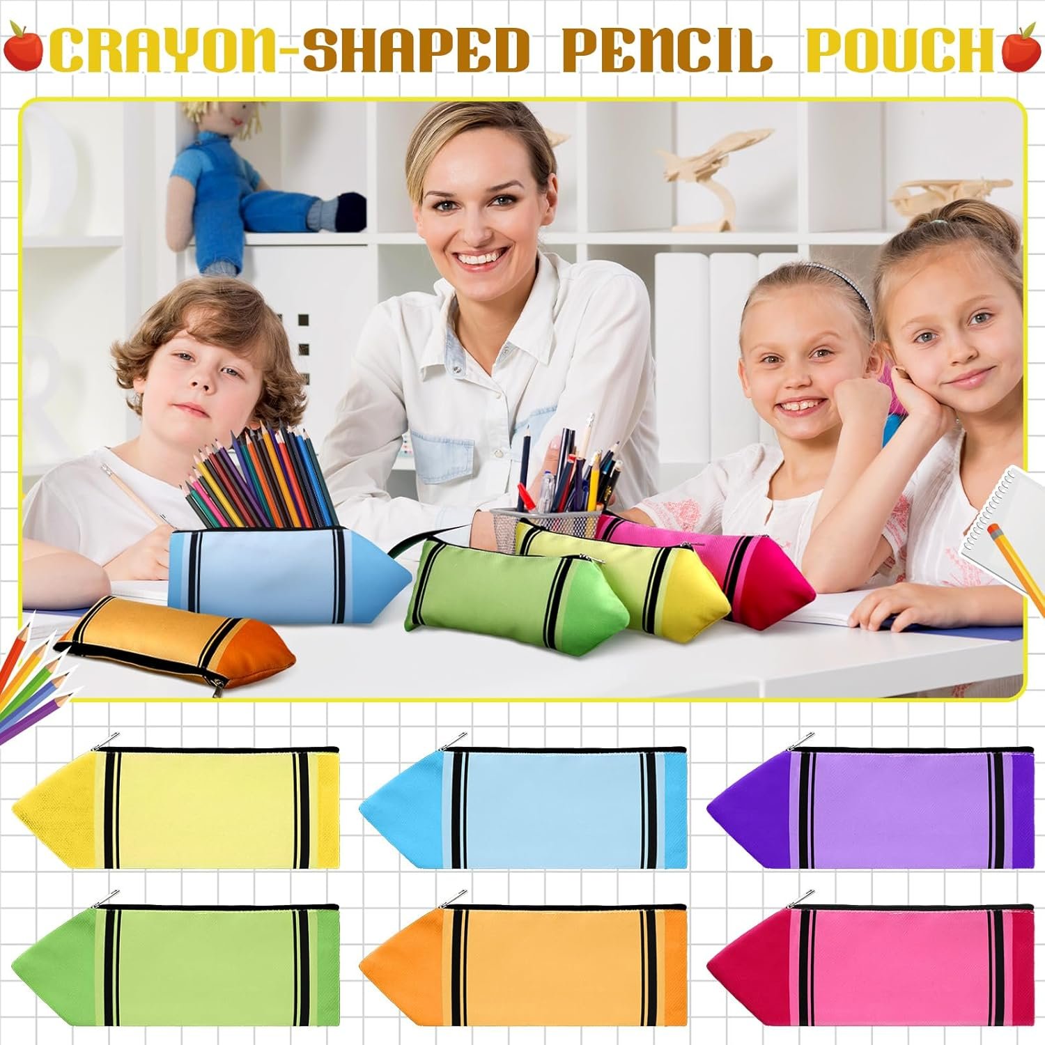 Factory 6 Pcs Bulk Colorful Kawaii Cute Crayon Shaped Pencil Pouches with Zipper Private Label Aesthetic Organizers Custom Logo for Office Supplies