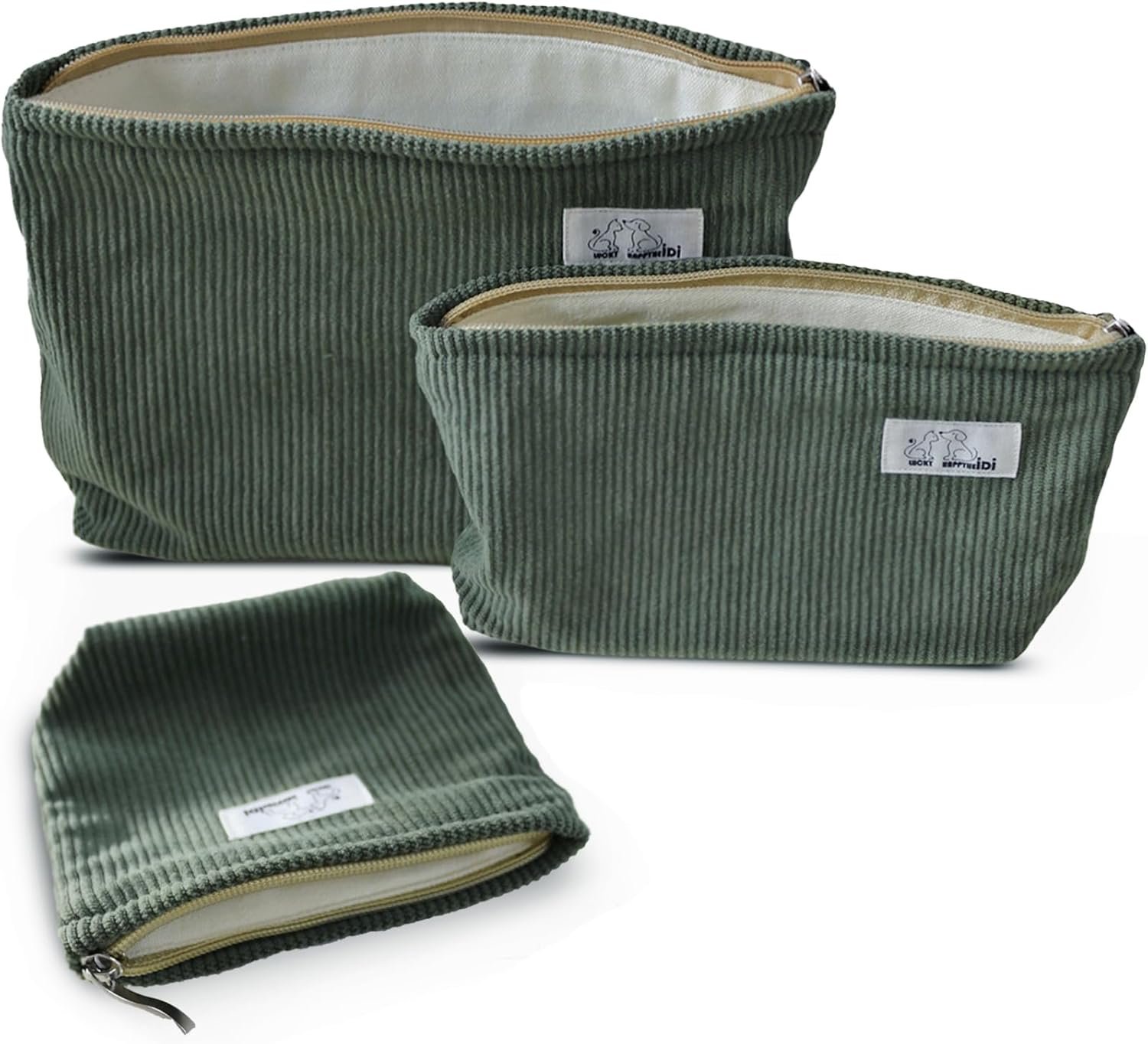 Custom Logo Corduroy Makeup Bag Set 3 Private Label Cosmetic Toiletry Travel Pouch Organizer Large Medium Small Solid Sage Green Manufacturer