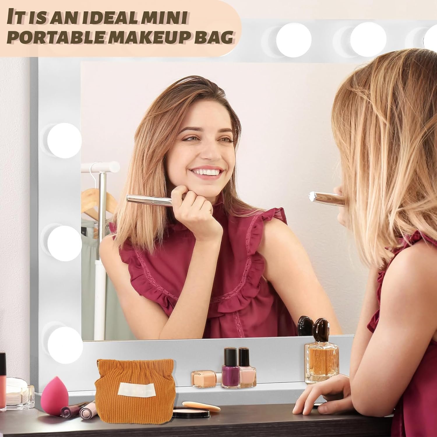 Custom Logo 7-IN-1 Corduroy Makeup Bag Set (6 Bags + 1 Mirror) Squeeze-to-Open Private Label Mini Pouch for Purse No-Zipper Cosmetic Bag for Hair Ties Lipsticks Aesthetic Travel Organizer for Women Manufacturer