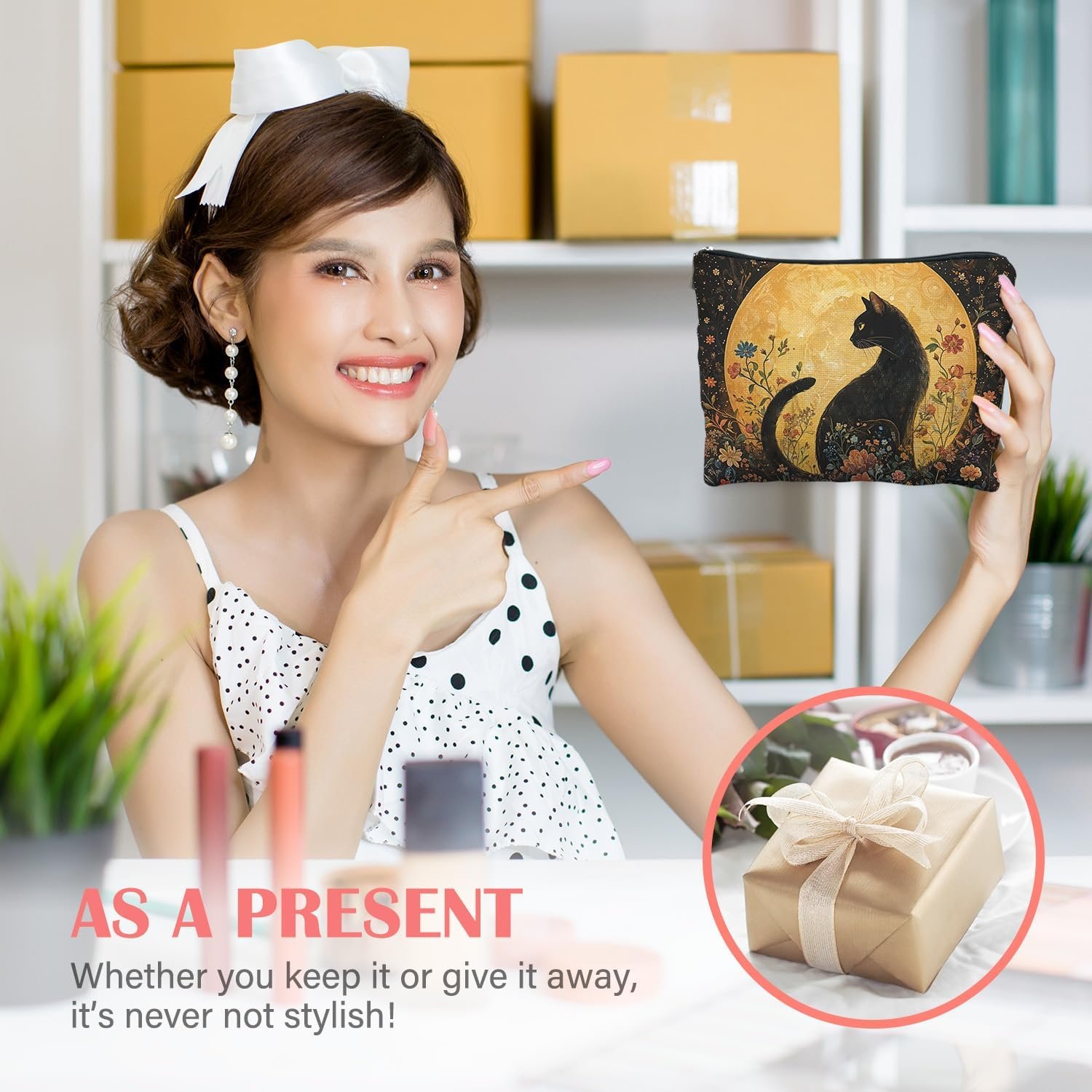 Private Label Witchy Floral Black Cat Makeup Bag for Women Custom Logo Full Moon Dark Cottagecore Cosmetic Zipper Pouch Mysterious Gothic Manufacturer