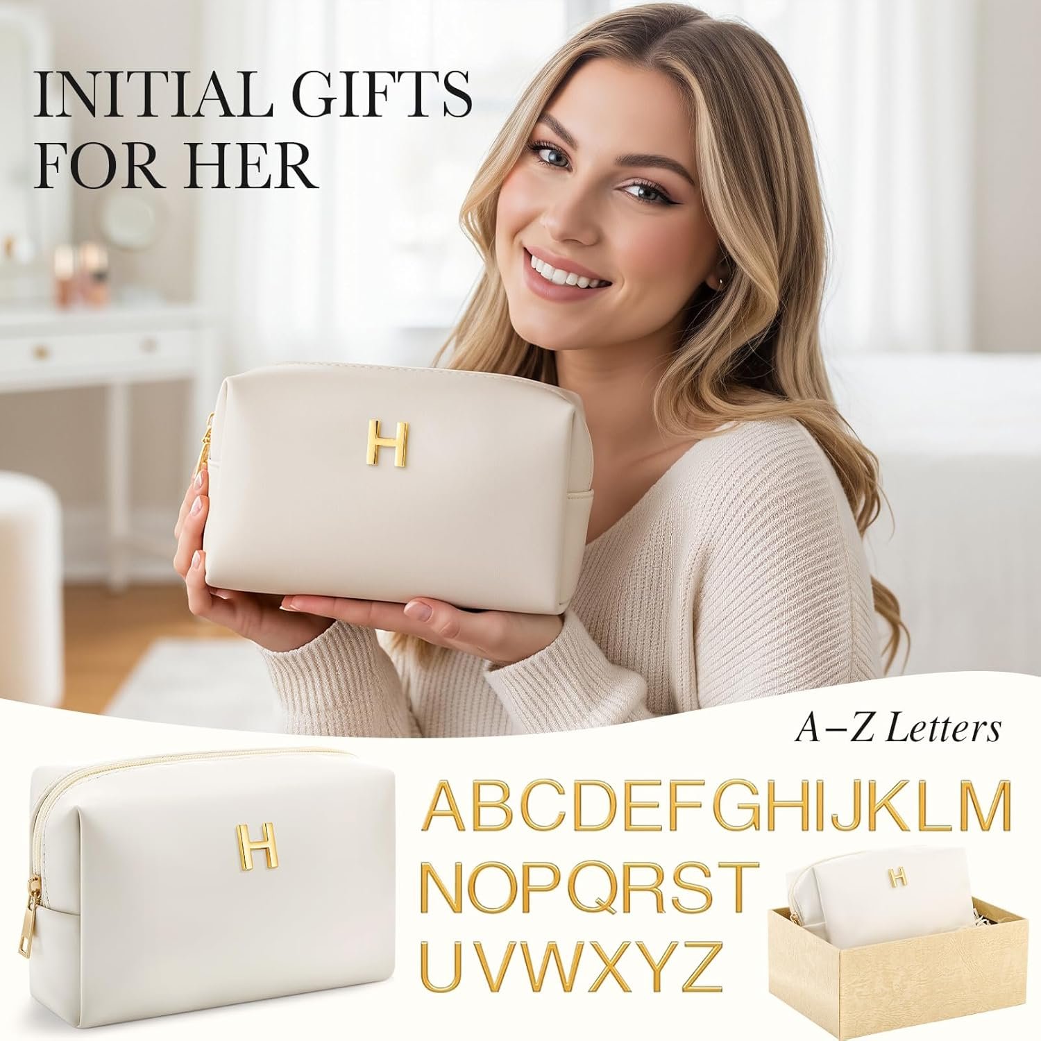 Custom Logo PU Leather Monogram Makeup Bag Personalized Cosmetic Travel Toiletry Pouch for Women Girls Bridesmaids Private Label Christmas Birthday Wedding Gifts Stocking Stuffers Manufacturer (H)