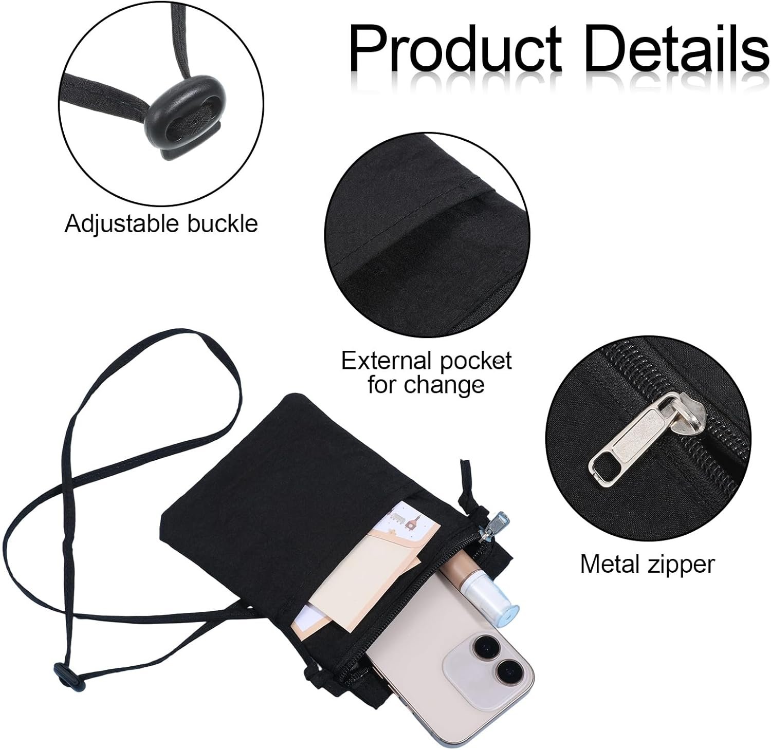 Private Label Small Black Nylon Crossbody Phone Purse for Women Zipper Cell Phone Pouch with Custom Logo Strap Bag Manufacturer