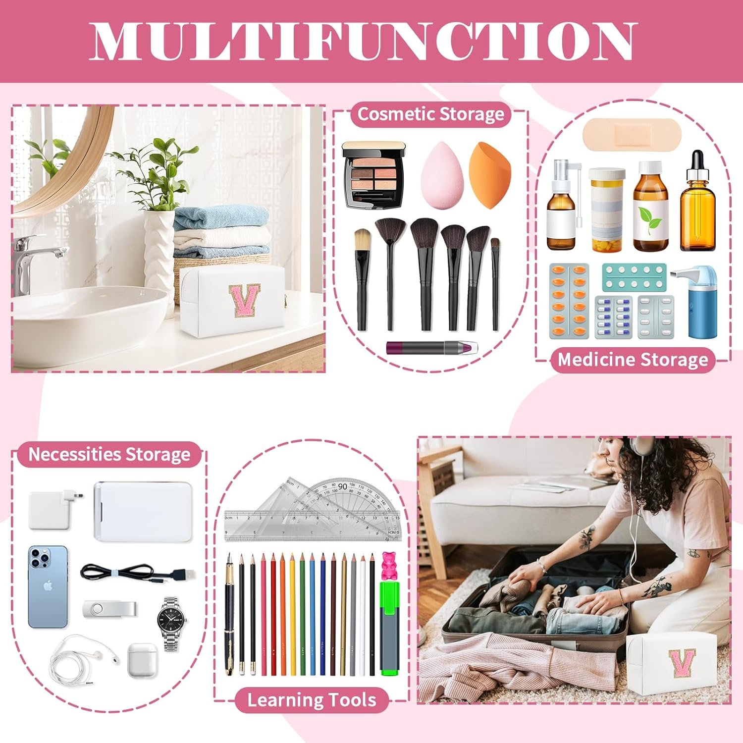 Private Label Personalized Initial A-Z Letter V Preppy Patch Makeup Bag with Custom Logo Small PU Leather Zipper Travel Cosmetic Pouch White Toiletry Manufacturer