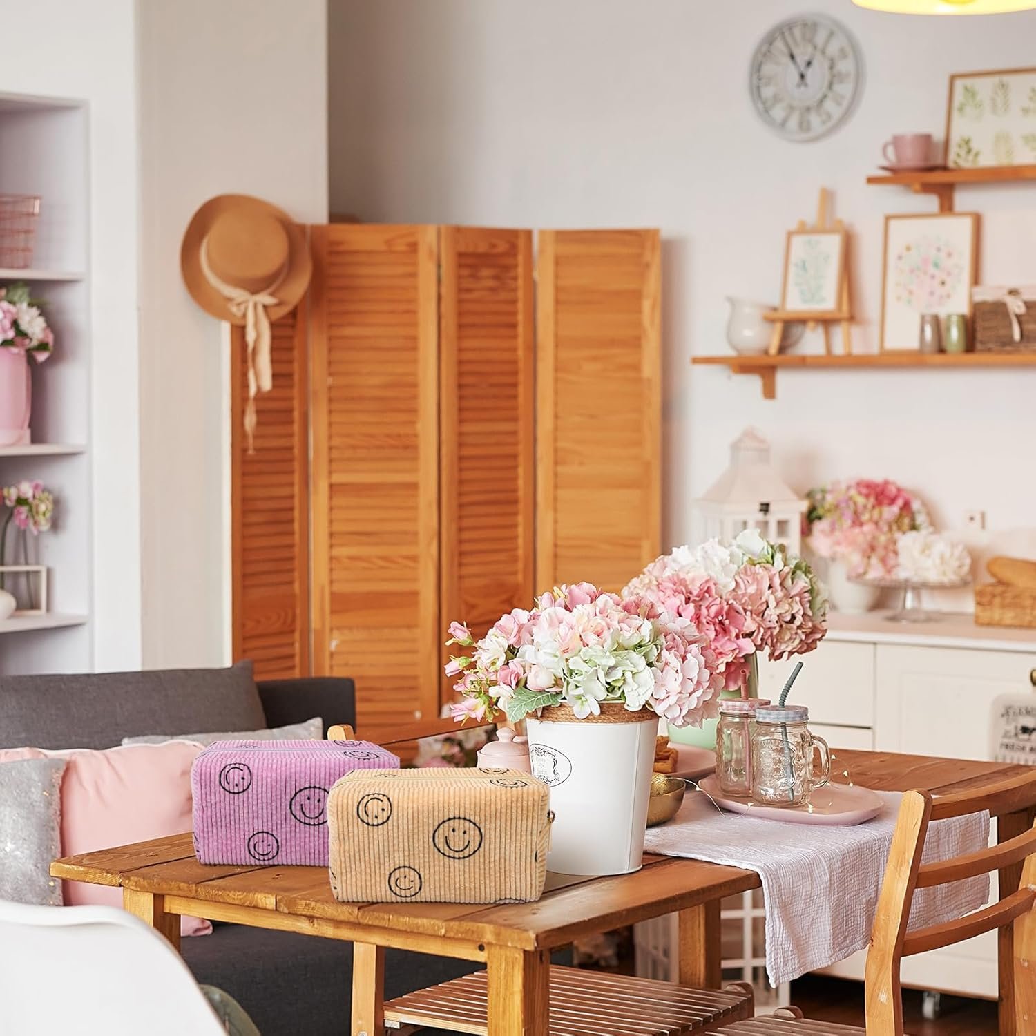 Private Label 3 Pcs Corduroy Cosmetic Bags Smile Face Aesthetic Preppy Pencil Pouch Purse Custom Logo Travel Beauty Makeup Organizer Manufacturer for School Christmas Women Holiday Gifts Classic Pink Yellow Green