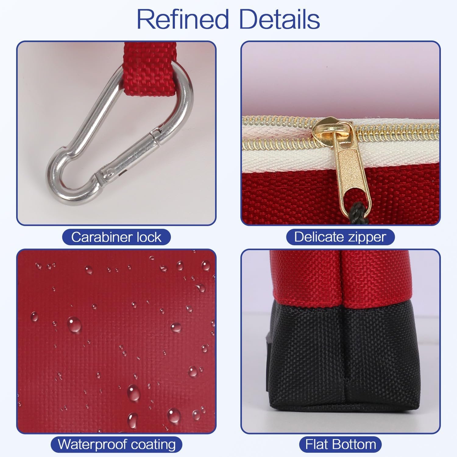 Private Label Stand-Up Zipper Tool Bag with Carabiners, Custom Logo Water Resistant Utility Pouch, 12x6.8-Inch Red/Brown/Blue/Olive 4 Pack Manufacturer