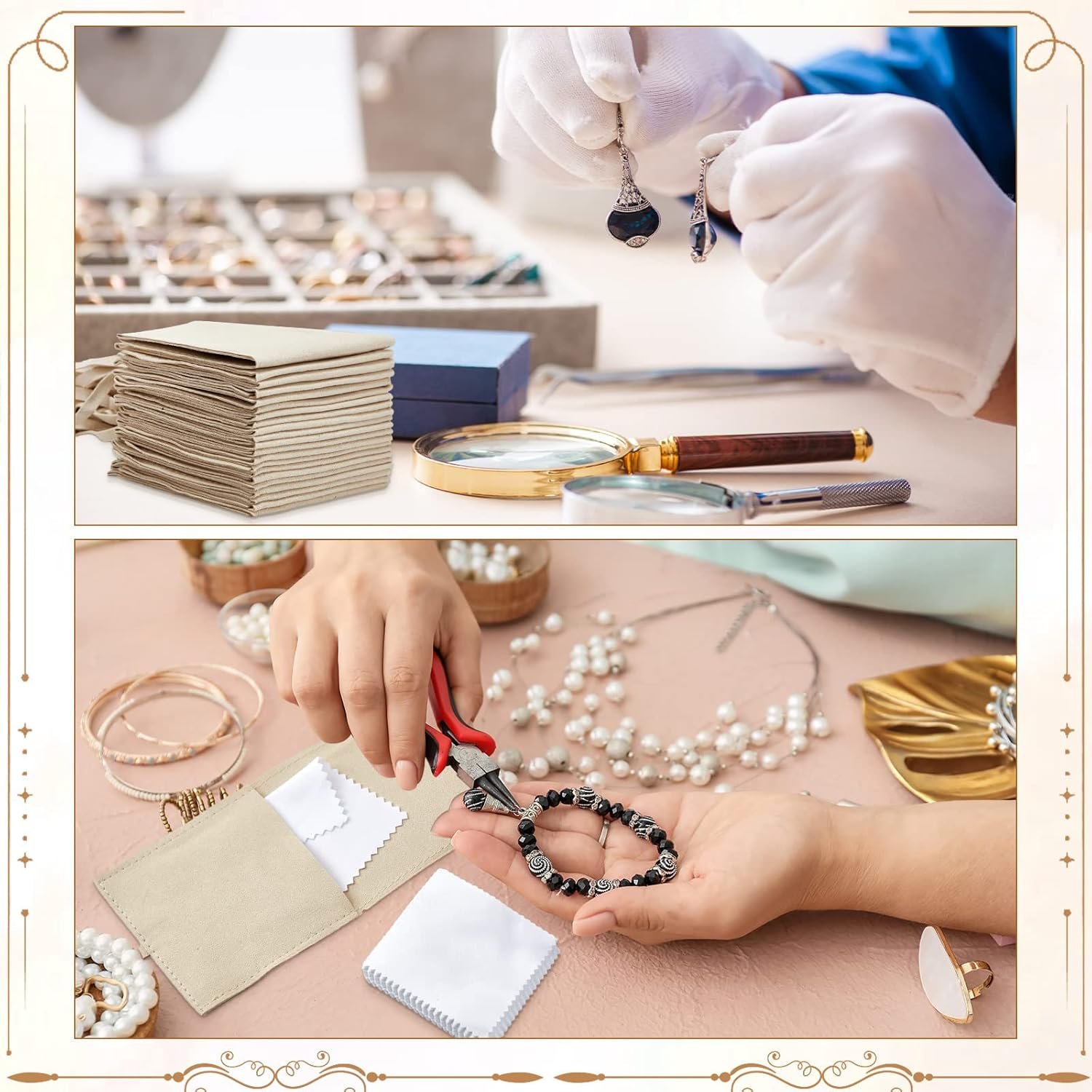 Private Label 30 Pcs 8 x 8 cm Microfiber Jewelry Pouches Custom Logo Luxury Packaging with Cleaning Cloth for Bracelets Bow Ties Envelope Style String Divider Supplier Khaki White