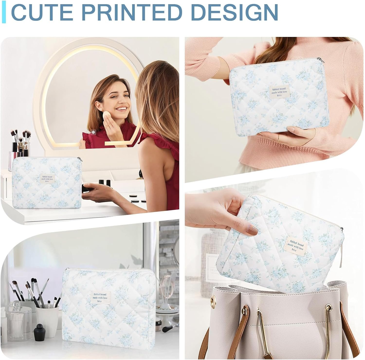Private Label Large Floral Makeup Bag, Custom Logo Quilted Cotton Cosmetic Pouch for Women Girls, Flower Travel Toiletry Organizer Manufacturer Blue Rose