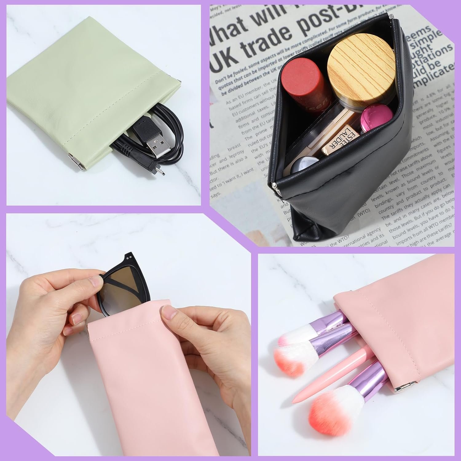Private Label 6Pcs Purse Organizer Pouches 6 Sizes Snap Closure Leather, Custom Logo Portable Waterproof Makeup Bags Manufacturer for Cosmetics Headphones Jewelry Mix Colors