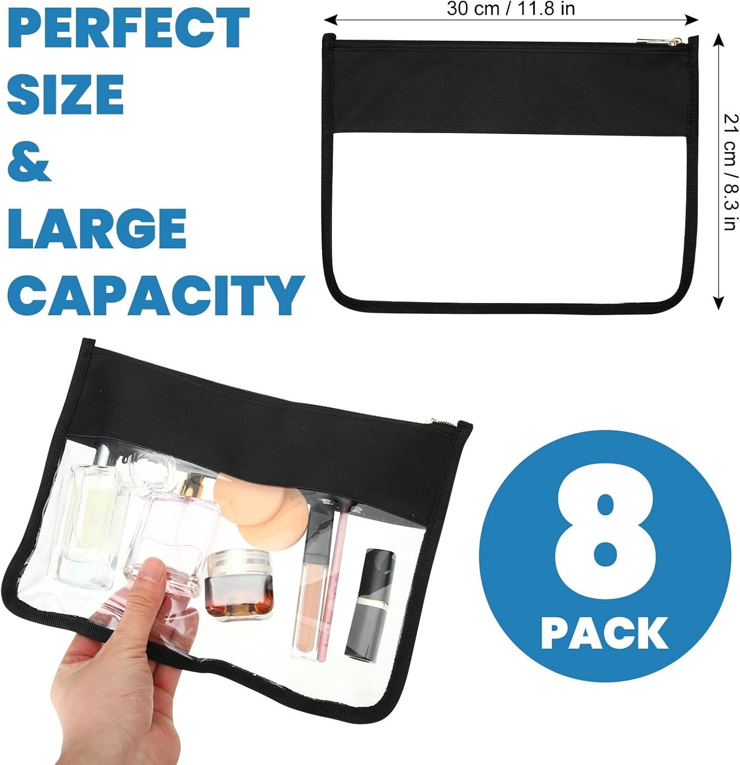 Private Label 8 Pieces Clear Zipper Makeup Pouches DIY Chenille Letter PVC Oxford Cloth Travel Portable Waterproof Cosmetic Toiletry Snack Organizer with Custom Logo Black Manufacturer