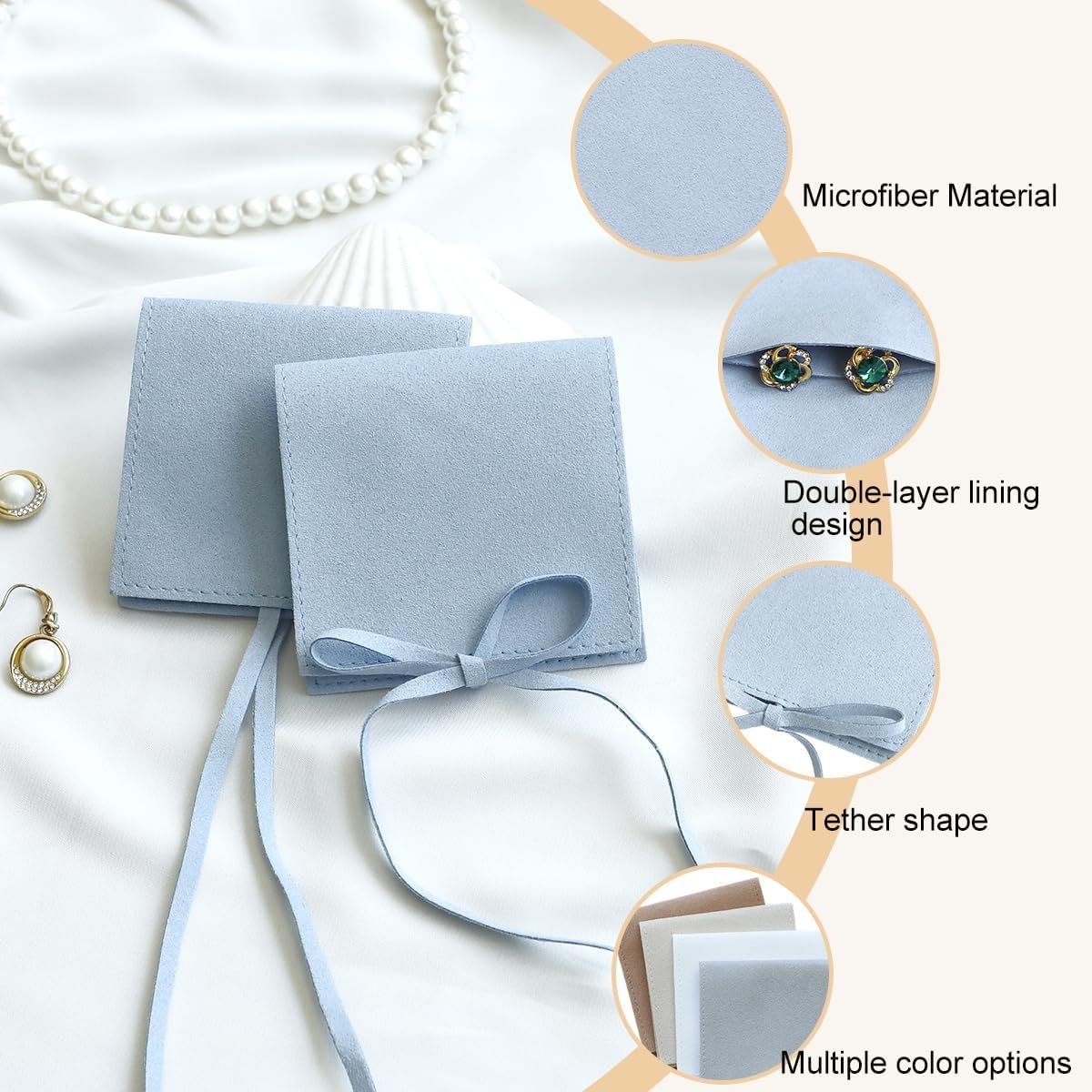 Custom Logo 40pcs 8x8cm Blue Microfiber Jewelry Pouches Private Label Luxury Envelope Style Favor Bags for Rings Earrings Necklaces Bracelets Manufacturer