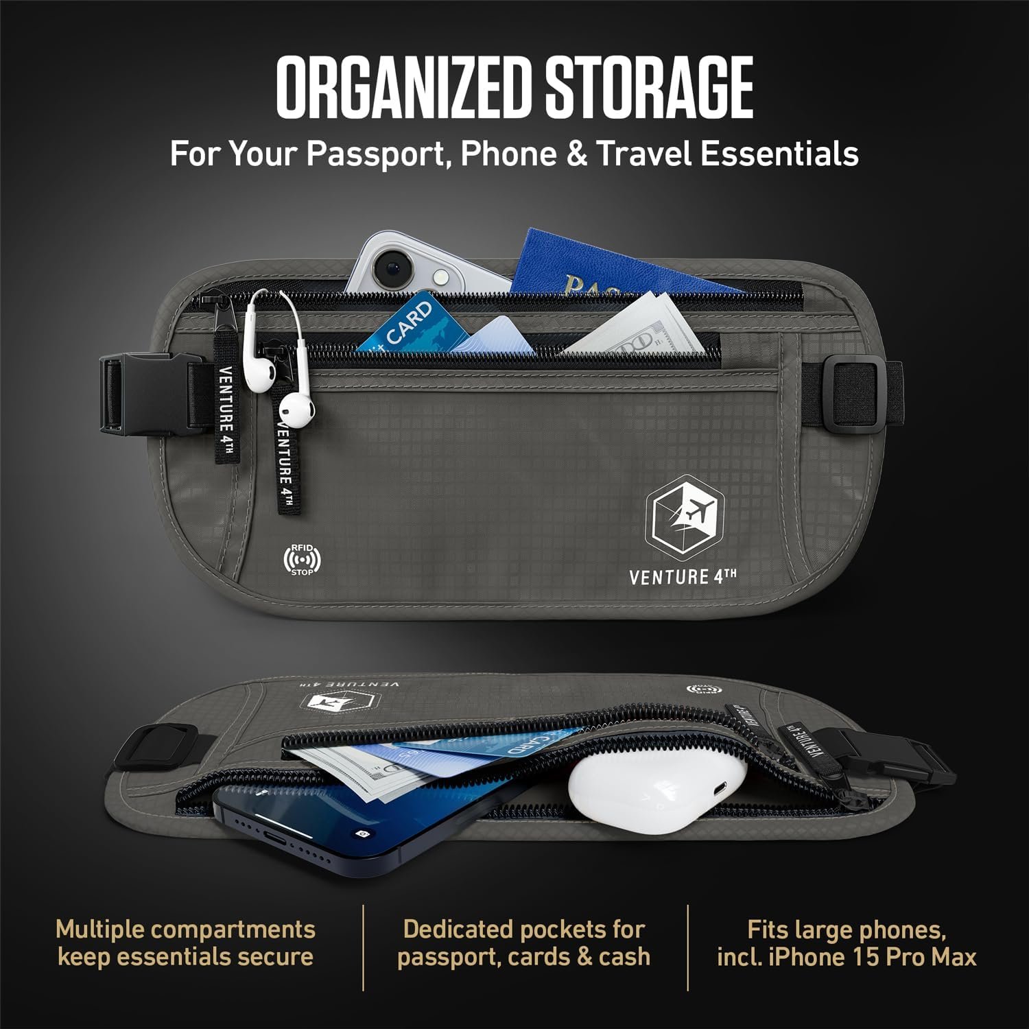 Custom Logo Money Belt for Travel – RFID Blocking Hidden Under-Clothes Passport Holder & Private Label Slim Travel Wallet Pouch for Men & Women to Protect Cash Cards & Documents from Factory (Gray)