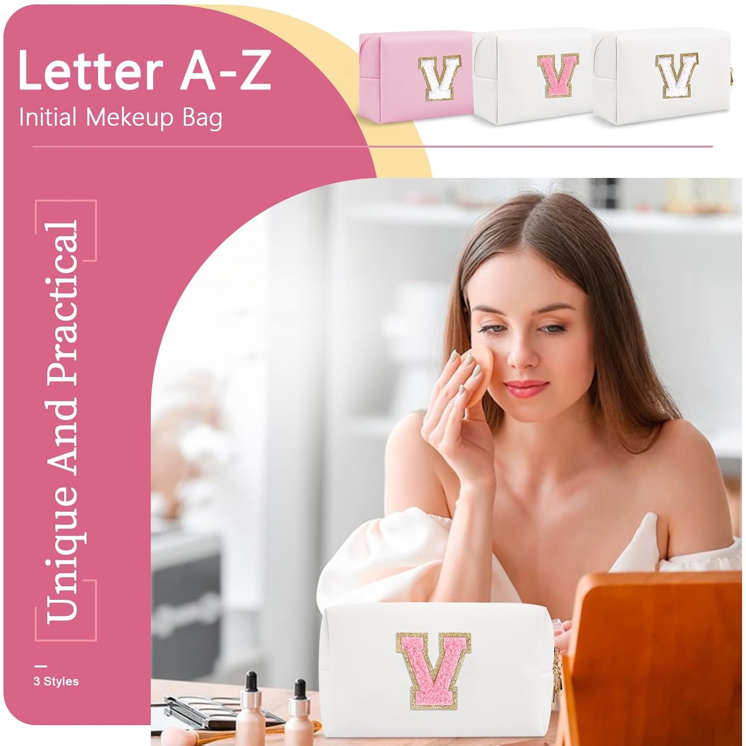 Private Label Personalized Initial A-Z Letter V Preppy Patch Makeup Bag with Custom Logo Small PU Leather Zipper Travel Cosmetic Pouch White Toiletry Manufacturer