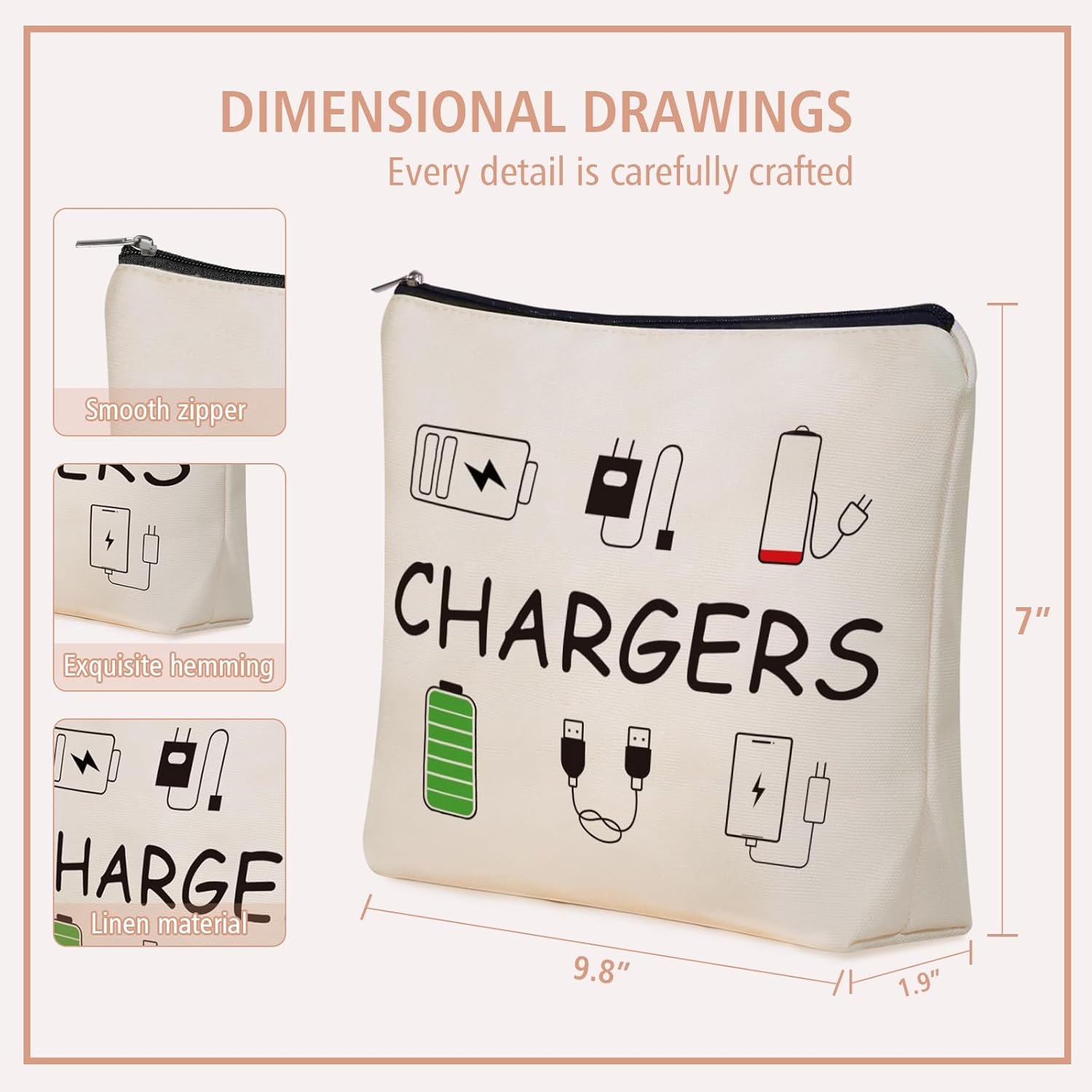 Custom Logo Charger Makeup Bag Charging Cord Electronics Accessories Themed Private Label Cosmetic Toiletry Organizer Pouch Supplier for Teen Girls Women Ideal Gift for Travel Birthdays Christmas