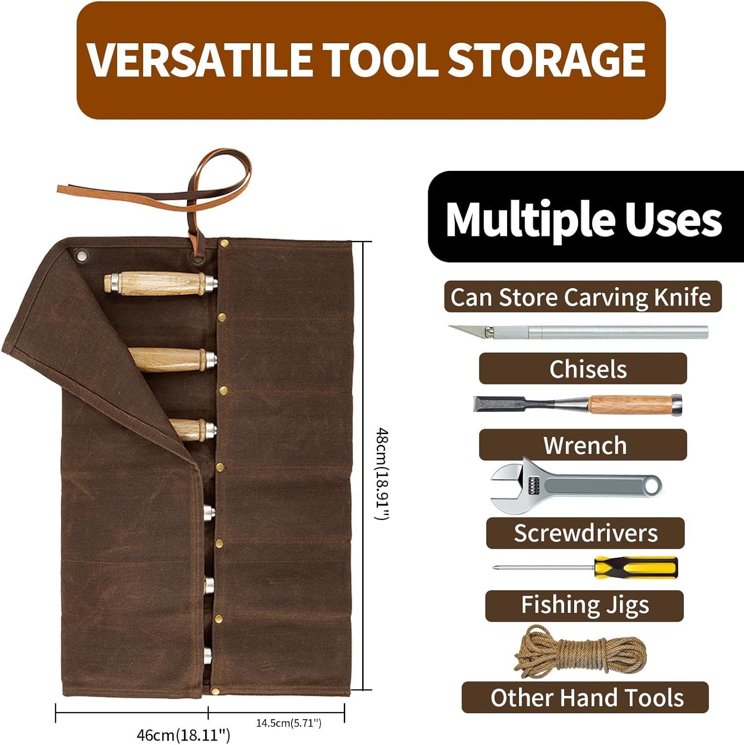 Private Label 6-Pocket Waxed Canvas Chisel Roll Manufacturer Roll-Up Tool Pouch Organizer for Wrenches Pliers Carving Knives Custom Logo