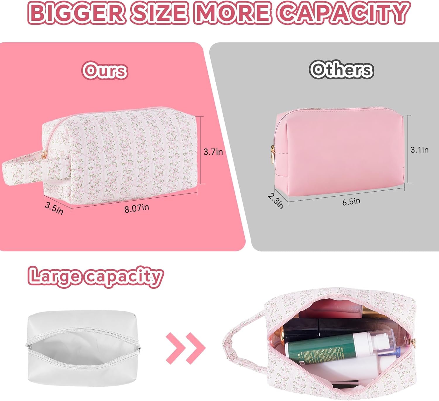 Private Label Large Capacity Travel Cosmetic Bag with Handle and Zipper Floral Makeup Organizer Custom Logo Toiletry Pouch for Women Pink Manufacturer