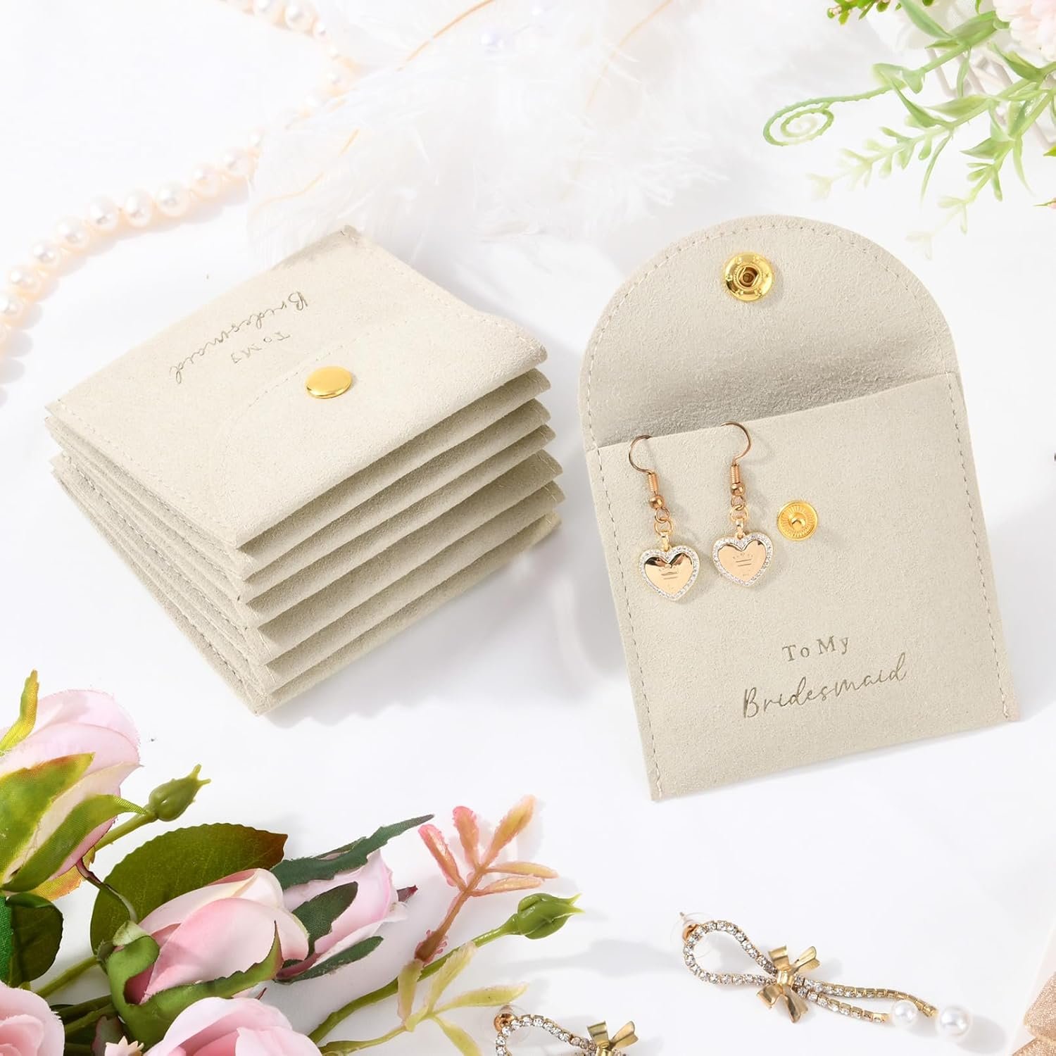 Custom Logo Set of 8 Small Velvet Jewelry Bags with Button Private Label Bridesmaid Proposal Gifts for Bracelet Earring Necklace Packaging Bridal Party Favors Factory Beige