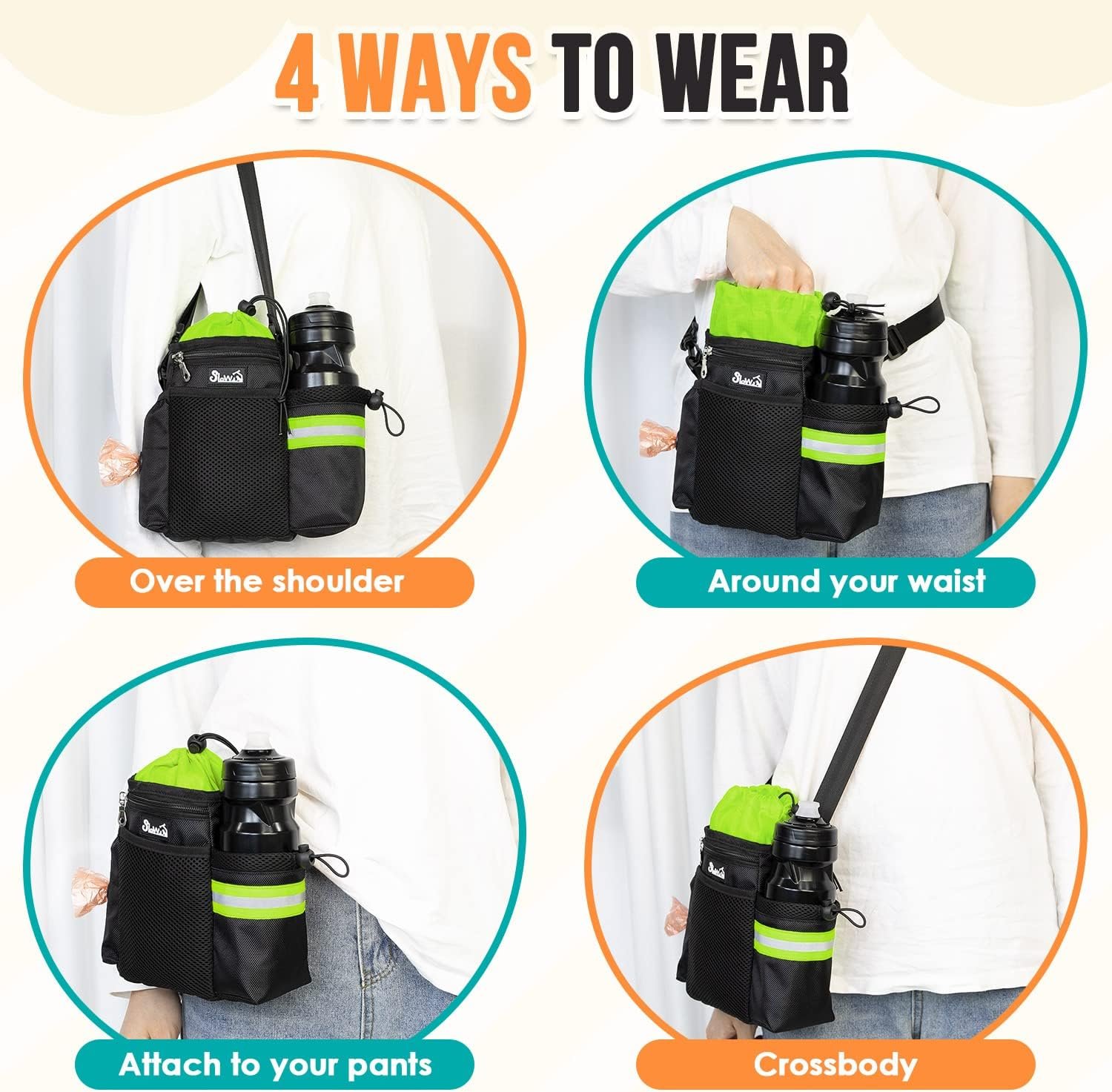 Dog Treat Pouch Manufacturer - 4 Ways to Wear Private Label Treat Bag with 2-in-1 Whistle Clicker Adjustable Waist Belt Metal Clip Water Bottle Holder Built-in Poop Bag Dispenser for Pet Training Custom Logo (Green)
