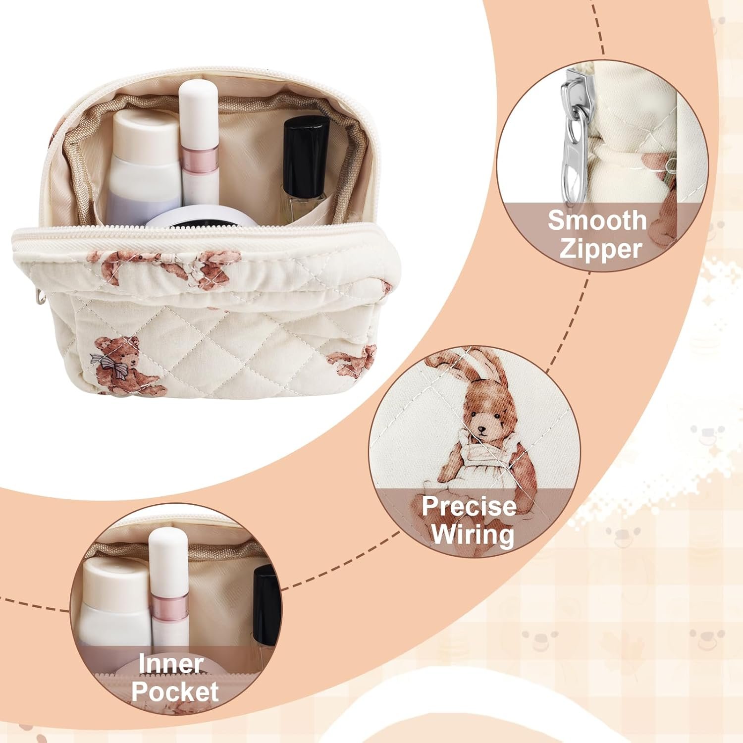 Custom Logo Small Quilted Cotton Makeup Bag Mini Cosmetic Period Pouch for Women Purse Cute Bear Sanitary Design Portable Travel Toiletry Bag with Zipper Private Label Manufacturer