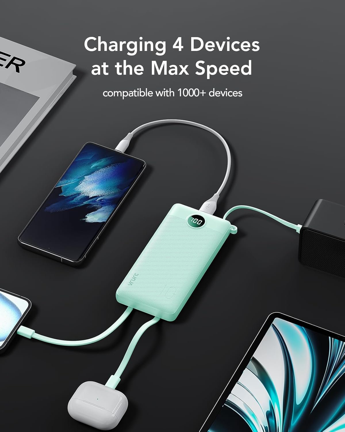 Custom Logo Portable Charger with Built-in Cables 22.5W Fast Charging USB C Power Bank 10000mAh Private Label Compact Battery Pack for iPhone 17/16/15/14/13 Samsung Galaxy Green Factory 1 Pack