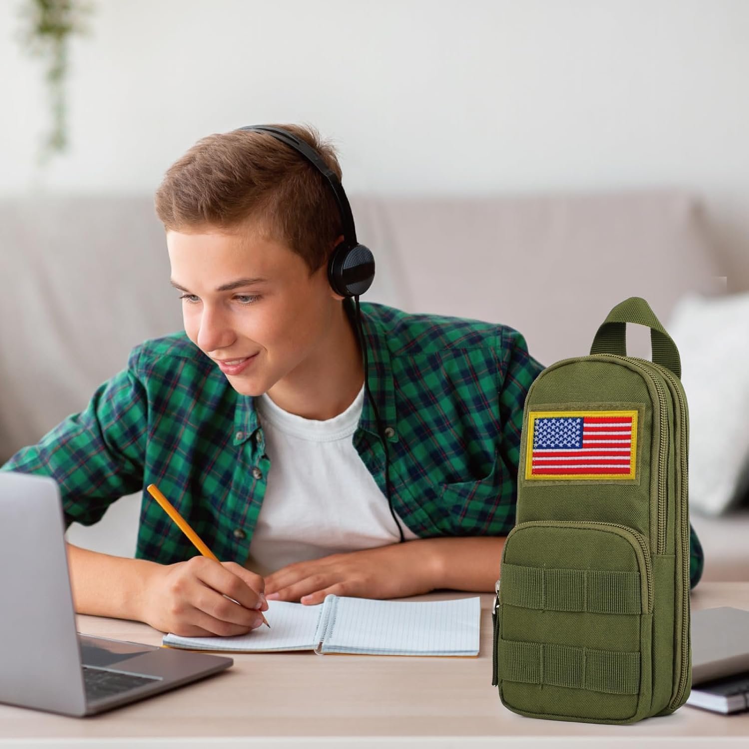 Private Label Large Capacity Tactical Pencil Case Pen Pouch Organizer Canvas Pencil Bag with Handle and Custom Logo for Teen Boys School Supplies Manufacturer - Green