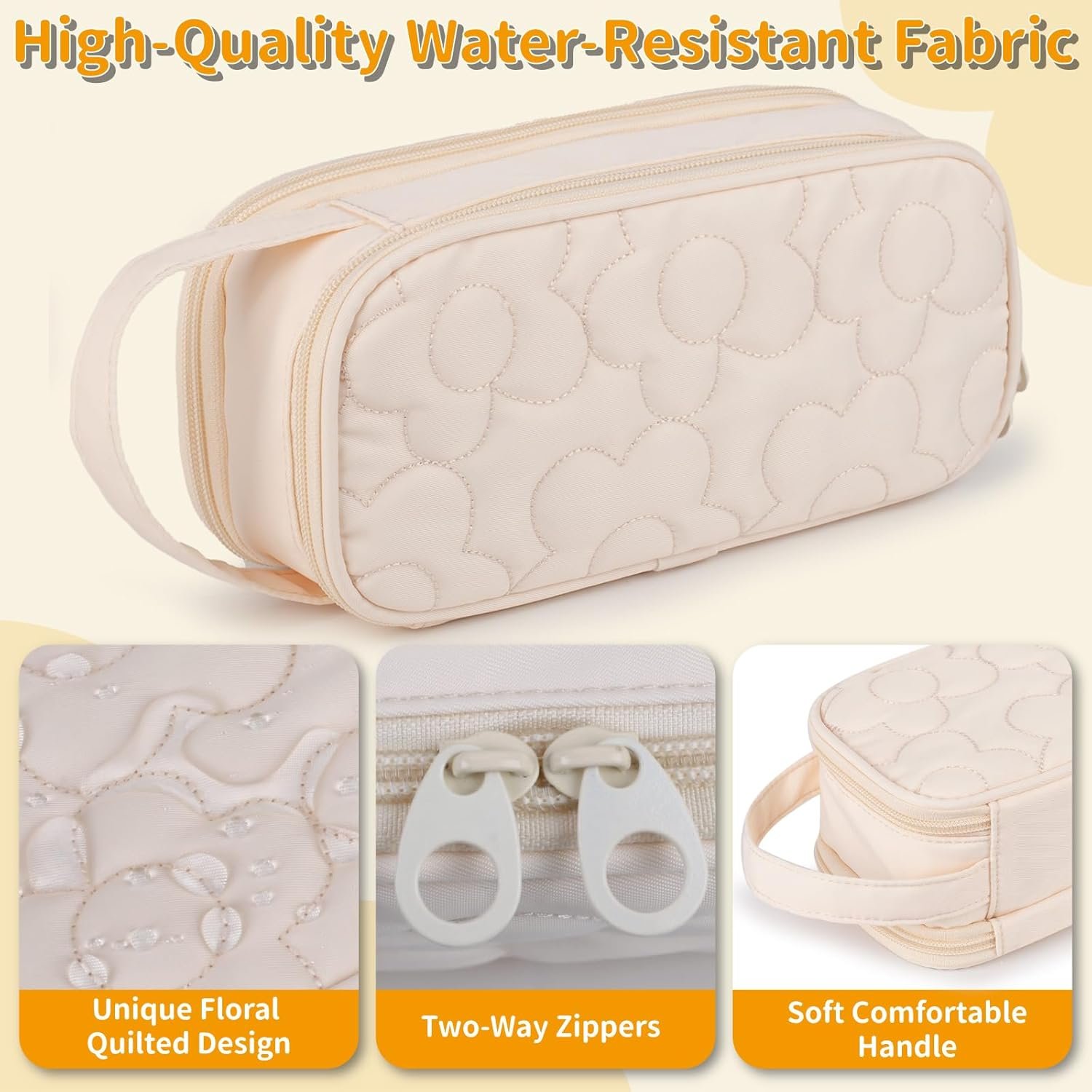Custom Logo Flower Quilted Large Capacity 2 Compartment Pencil Case for Girls and Women Private Label Zipper Pencil Pouch with Handle Soft Pencil Bag Manufacturer for Middle School Office College