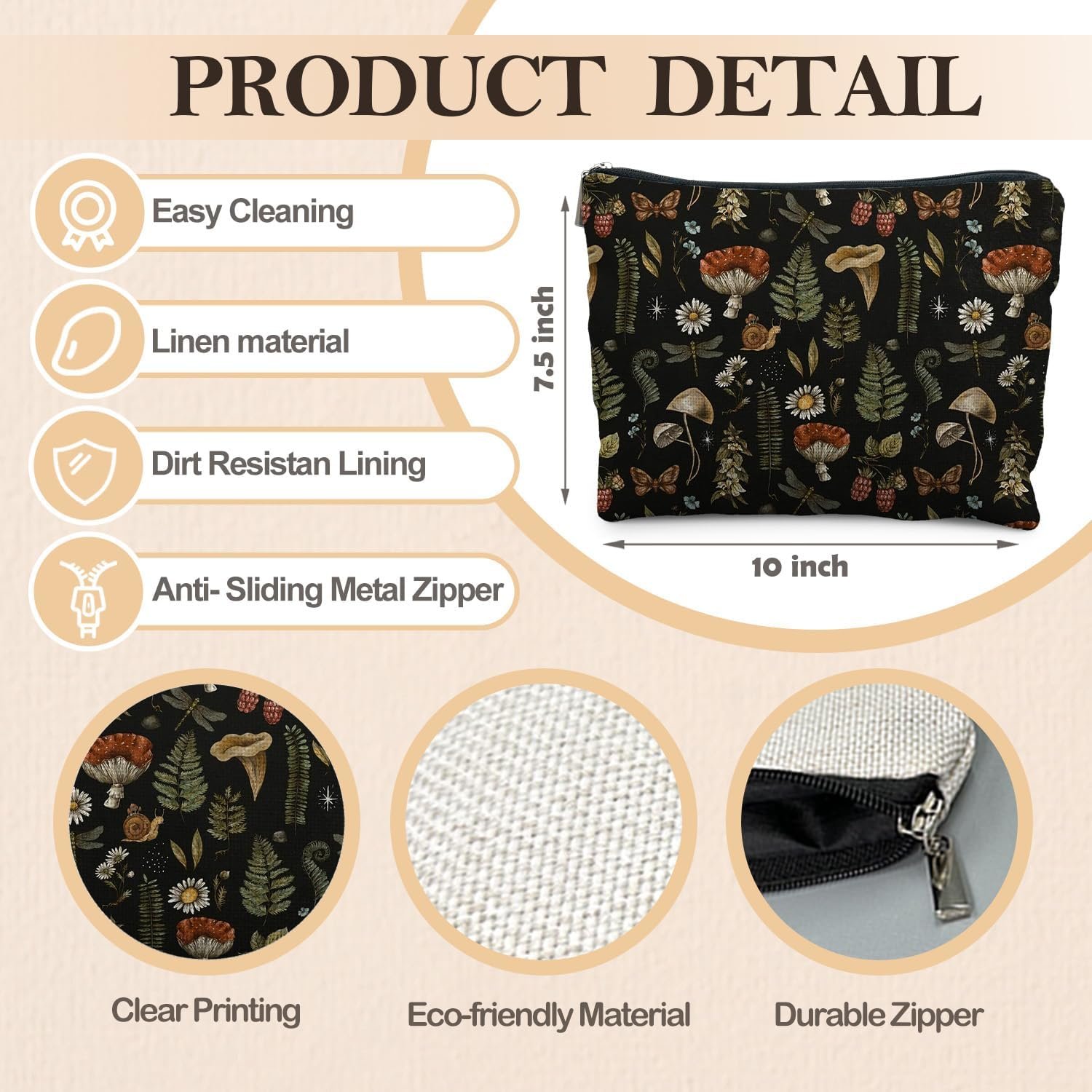 Custom Logo Dark Forest Cottagecore Mushroom Makeup Bag - Private Label Forest Cosmetic Bag for Mushroom Lovers Gifts Manufacturer