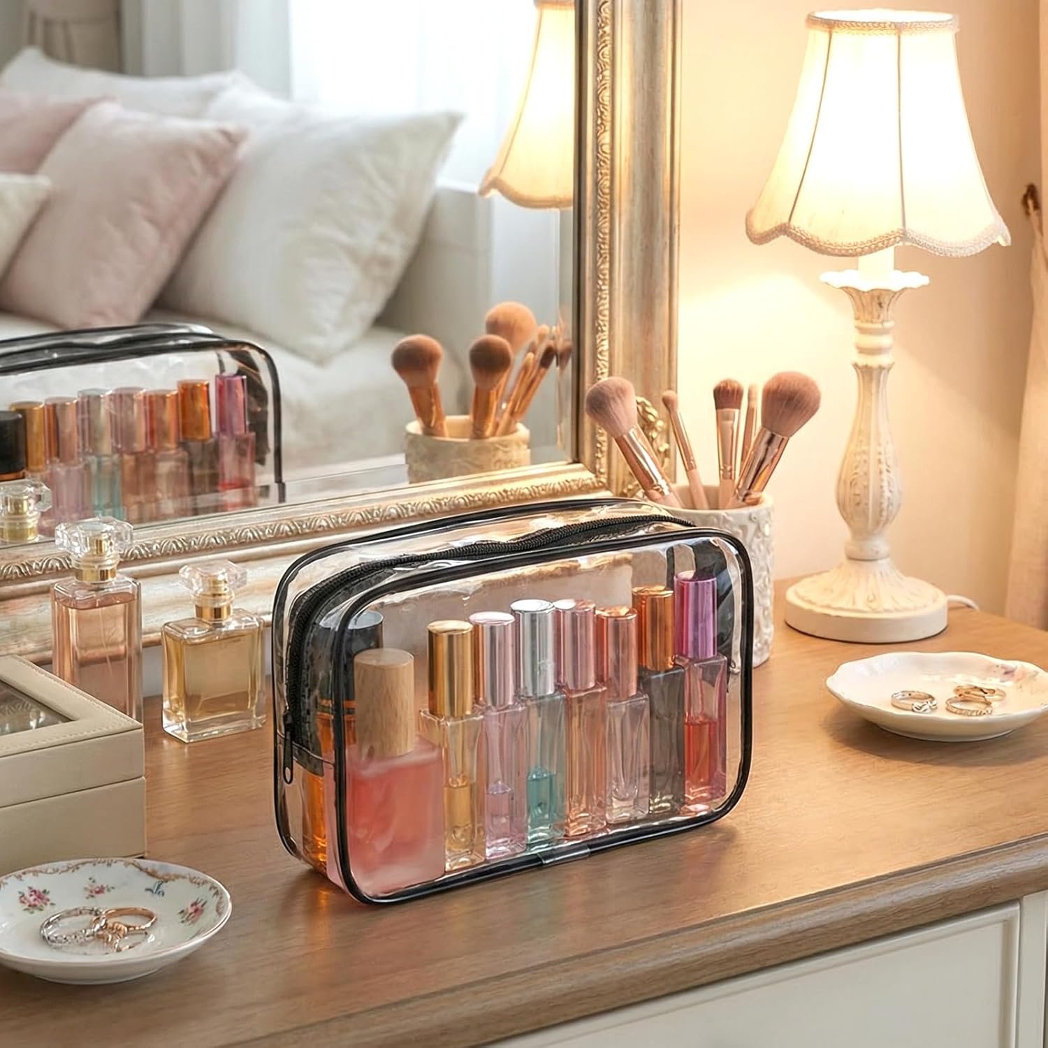 Private Label 2Pcs Big Clear Toiletry Bags with Zipper Custom Logo Multi-use Travel Makeup Brush Bags Transparent PVC Cosmetic Cases Supplier (Black)