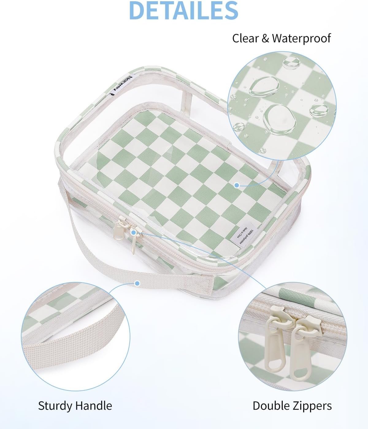 Private Label TSA Approved Clear Toiletry Bag for Travel, Custom Logo Waterproof PVC Compact Makeup Cosmetic Organizer, Quart Size Portable Airport Airline Compliant Bag from Manufacturer (Mint Green Checkerboard)