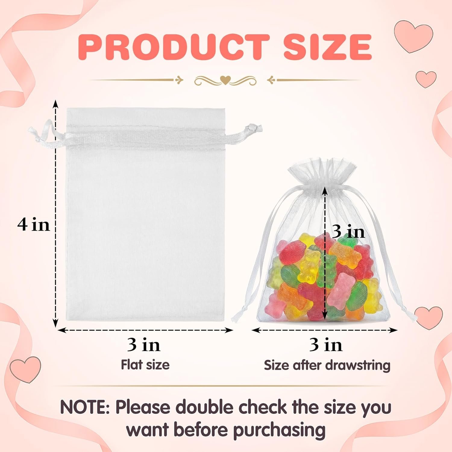 Custom Logo 50PCS 3x4 White Organza Bags Small Private Label Gift Bags Bulk Drawstring Mesh for Jewelry Candy Wedding Bridal Baby Shower Party Favor Supplier for Easter Mothers Day Birthday