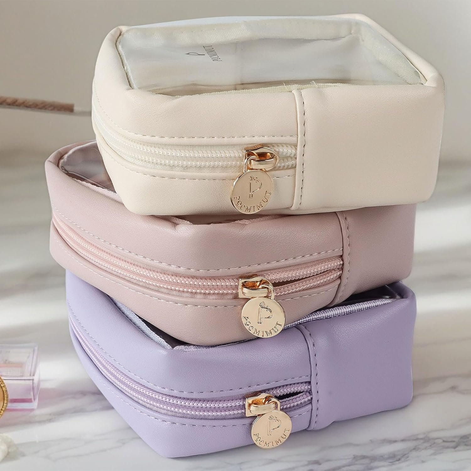 Factory Mini Makeup Bag Private Label Small Cosmetic Travel Essentials Organizer TSA Approved Toiletry Bag Clear Makeup Pouch for Women Beige Custom Logo