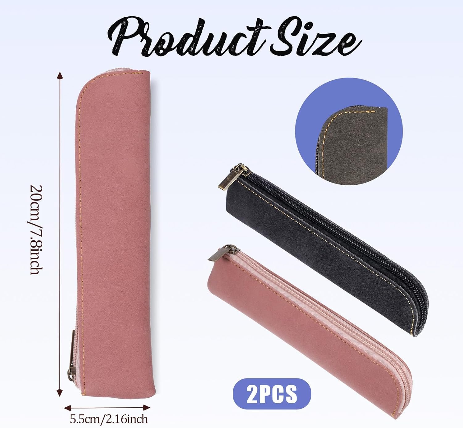 Custom Logo Leather Pencil Pouch 2 Pcs Slim Portable Small Pencil Case Soft Flat Pen Bag with Zipper Private Label Makeup Lipstick Case for Women Men Home Office Travel Manufacturer (Black Pink)