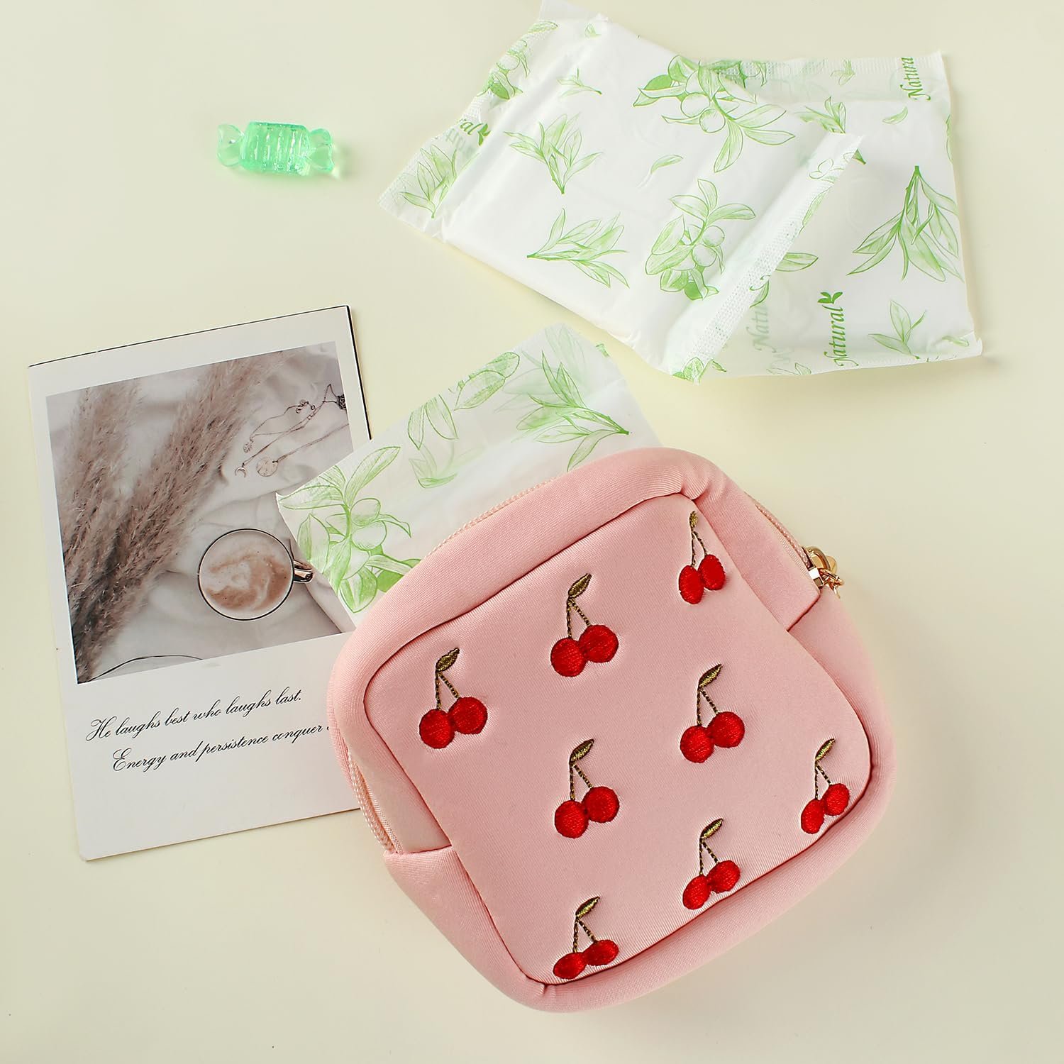 Custom Logo Pink Mini Period Bag for Teen Girls Private Label Sanitary Napkin Storage Small Cherry Embroidery Makeup Bag Factory