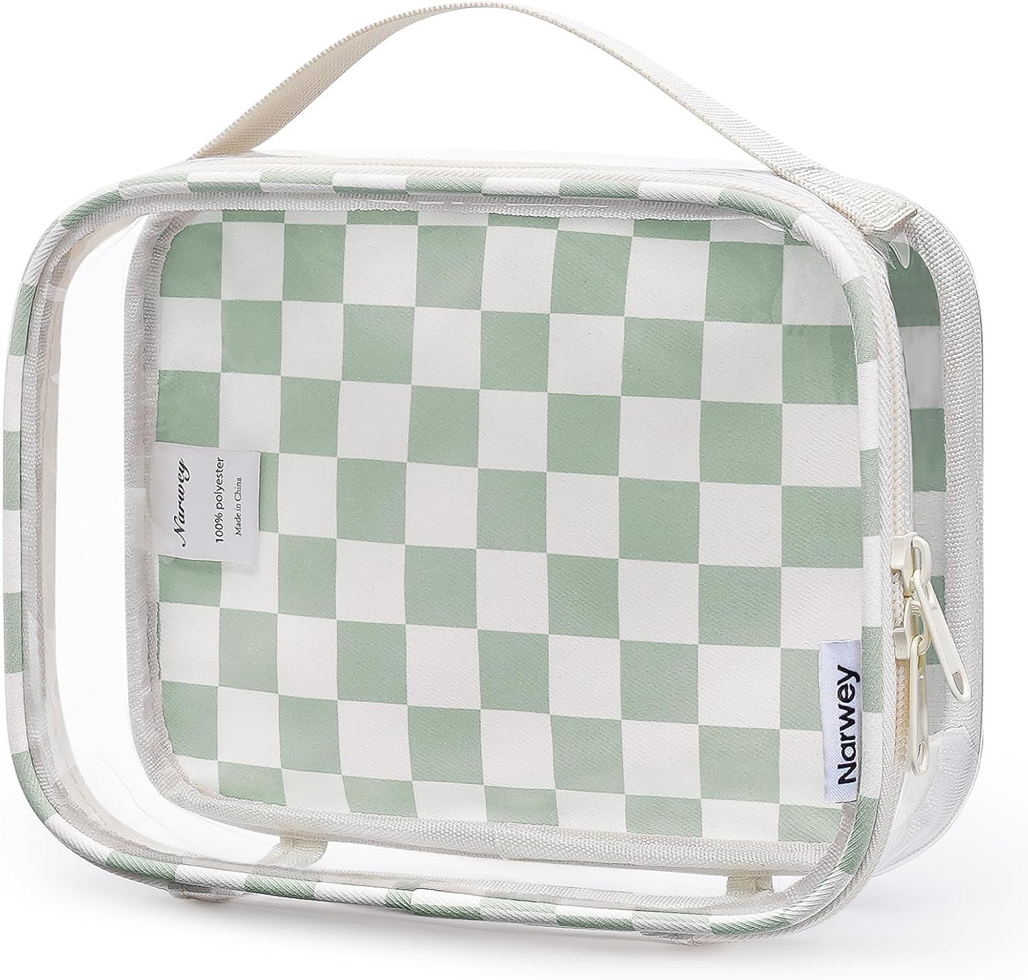 Private Label TSA Approved Clear Toiletry Bag for Travel, Custom Logo Waterproof PVC Compact Makeup Cosmetic Organizer, Quart Size Portable Airport Airline Compliant Bag from Manufacturer (Mint Green Checkerboard)