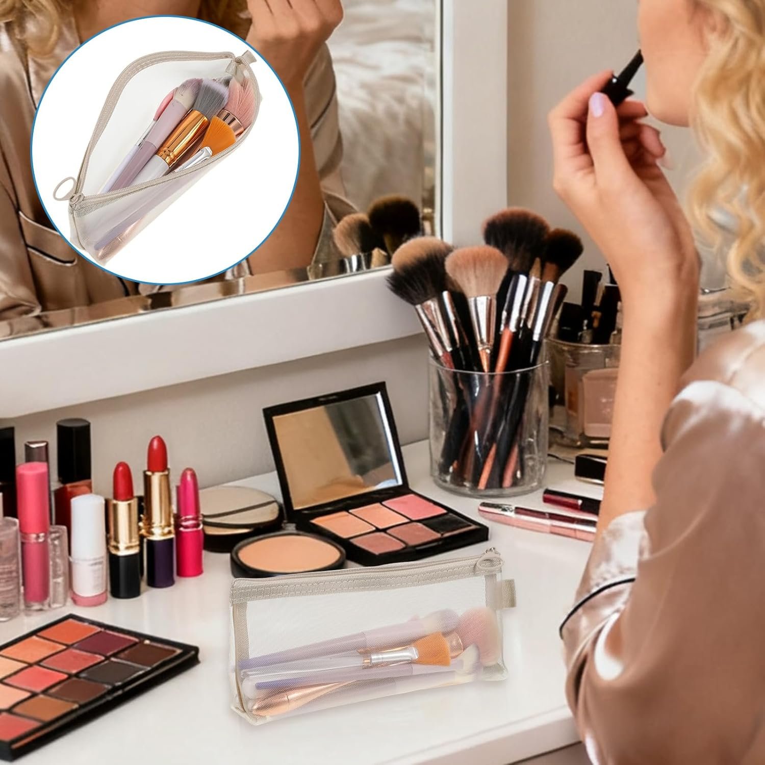 Private Label 4 Pcs Small Nylon Mesh Zipper Makeup Brush Bags Factory Direct Portable Clear Mesh Cosmetic Pouches Custom Logo for Home Office Travel Organizer