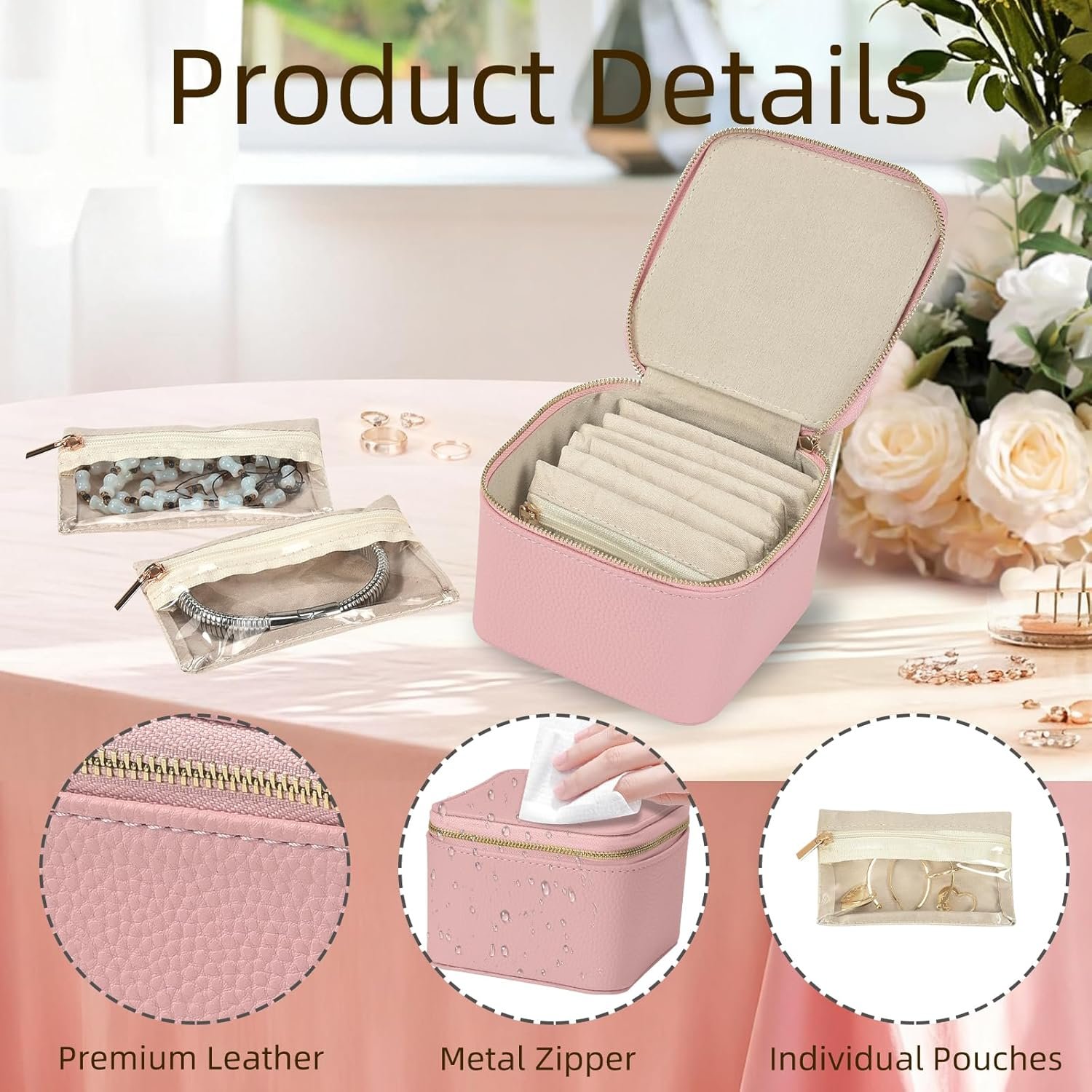 Custom Logo Travel Jewelry Organizer Private Label Box with 6 Velvet Zipped Pouches for Necklaces Rings Earrings Storage Gifts for Women and Girls Blush Manufacturer