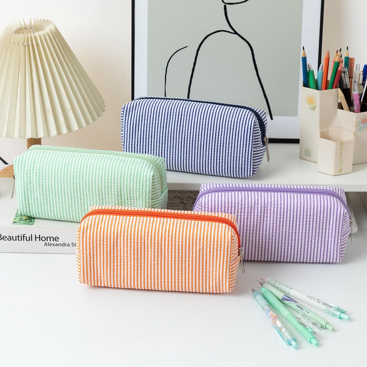 Custom Logo Seersucker Pencil Case Desktop Stationery Large Capacity Embroidery Striped Travel Storage Bag Private Label Multifunctional Cosmetic Pouch Factory Light Blue