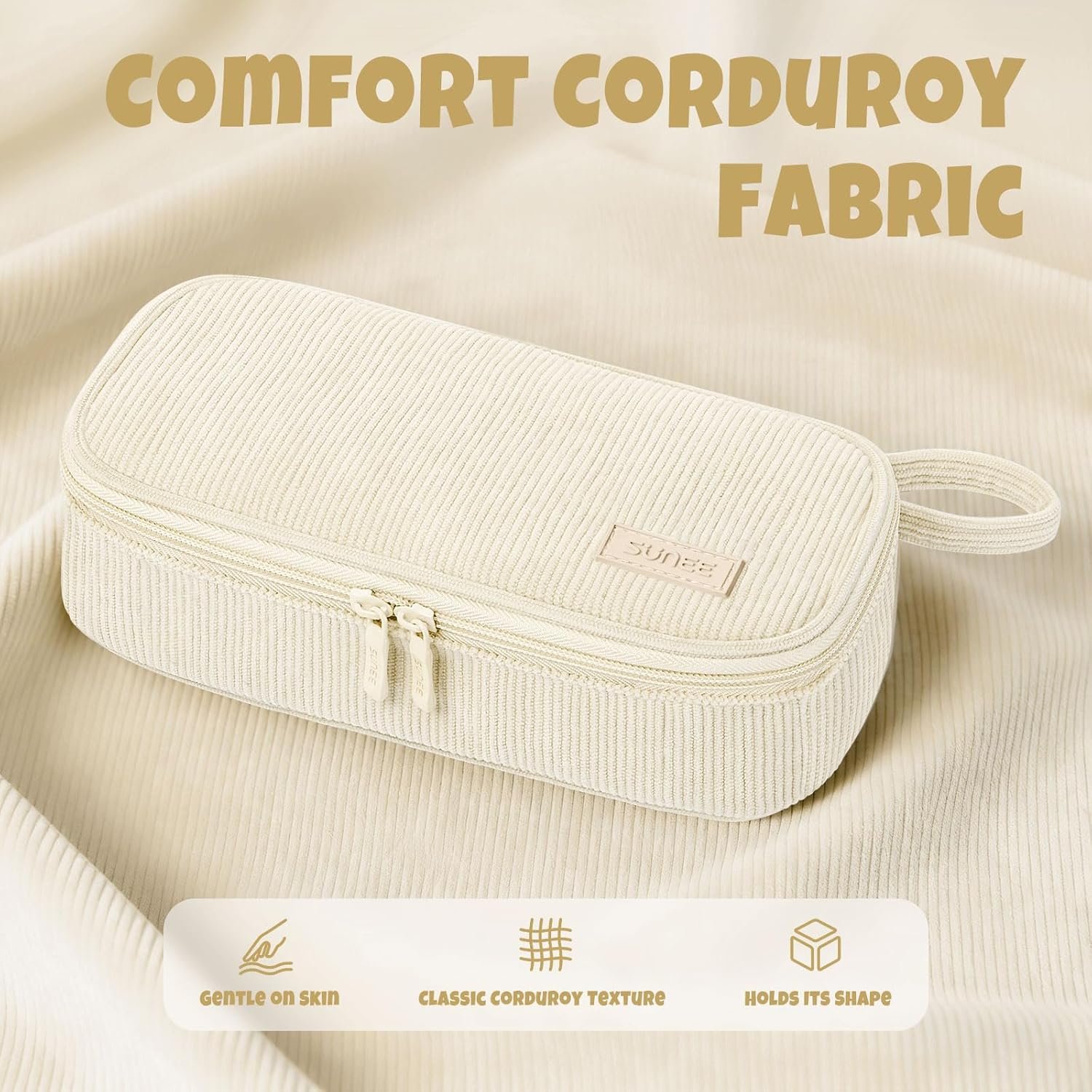 Custom Logo Cute Large Capacity Pencil Case Aesthetic Zipper Pencil Pouch Big Storage Soft Corduroy Pen Organizer Private Label Back to School Supplies for Teen Girls Boys Beige Supplier