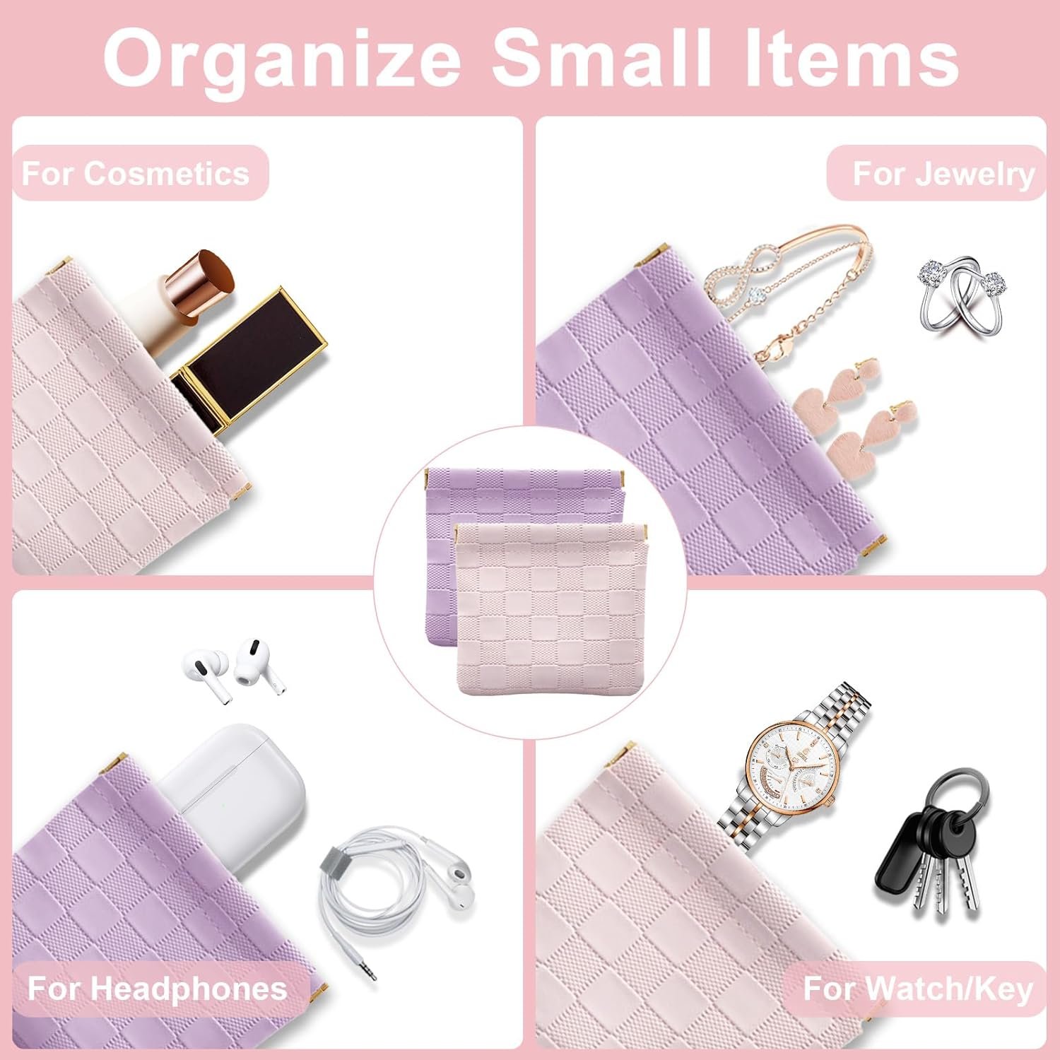 Private Label 4Pcs Small Checkered Leather Makeup Bags for Purse, Custom Logo Mini Purse Pouches and Coin Purse Organizers Manufacturer, Portable No Zipper Cosmetic Bags for Women (Pink, Purple)